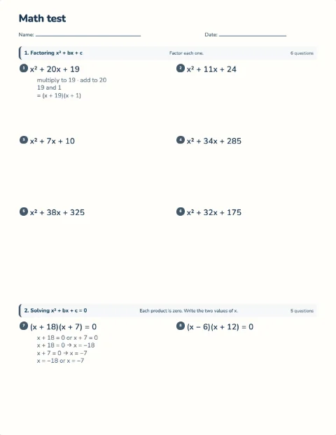 Quadratics and factoring test preview