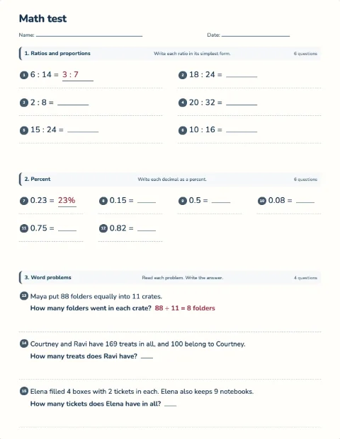 Ratio and percent test preview