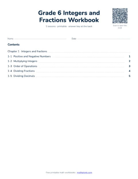 6th Grade Integers and Fractions Workbook cover