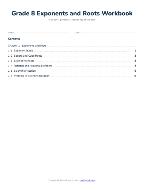 8th Grade Exponents and Roots Workbook cover