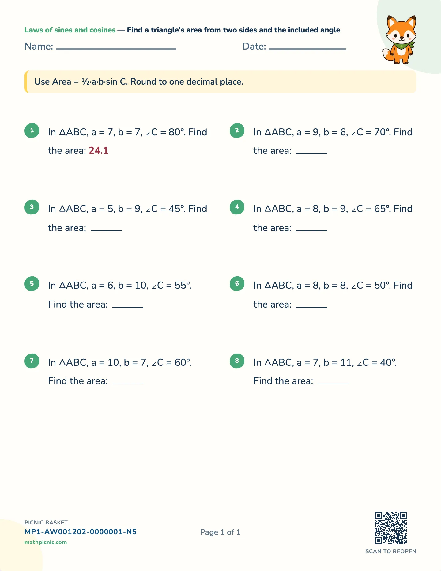 Area of a triangle with sine worksheet — Two sides and the angle, free printable with answer key