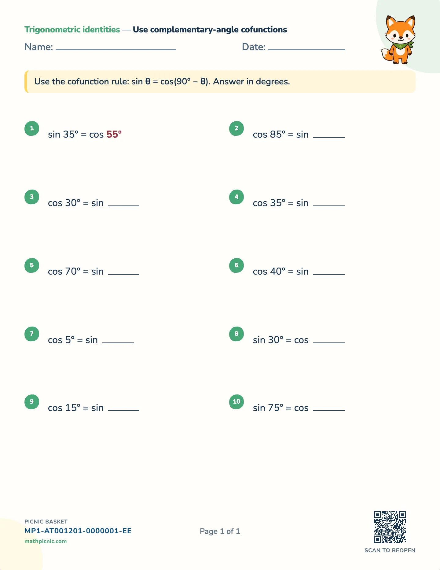 Cofunctions of complementary angles worksheet — free printable with answer key