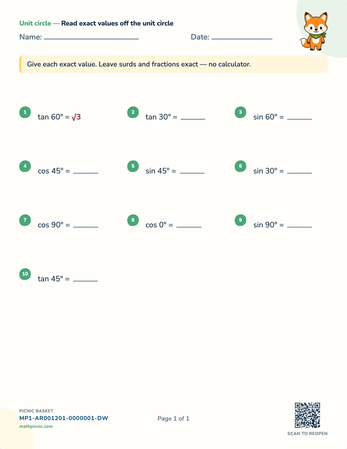 Exact trig values worksheet — free printable with answer key