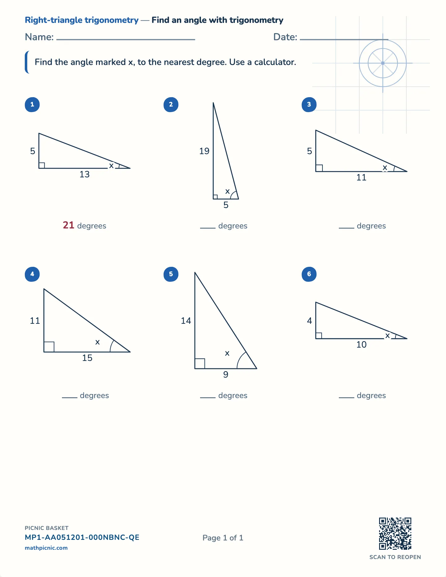 Finding a missing angle worksheet — Inverse trig, calculator, rounded, free printable with answer key