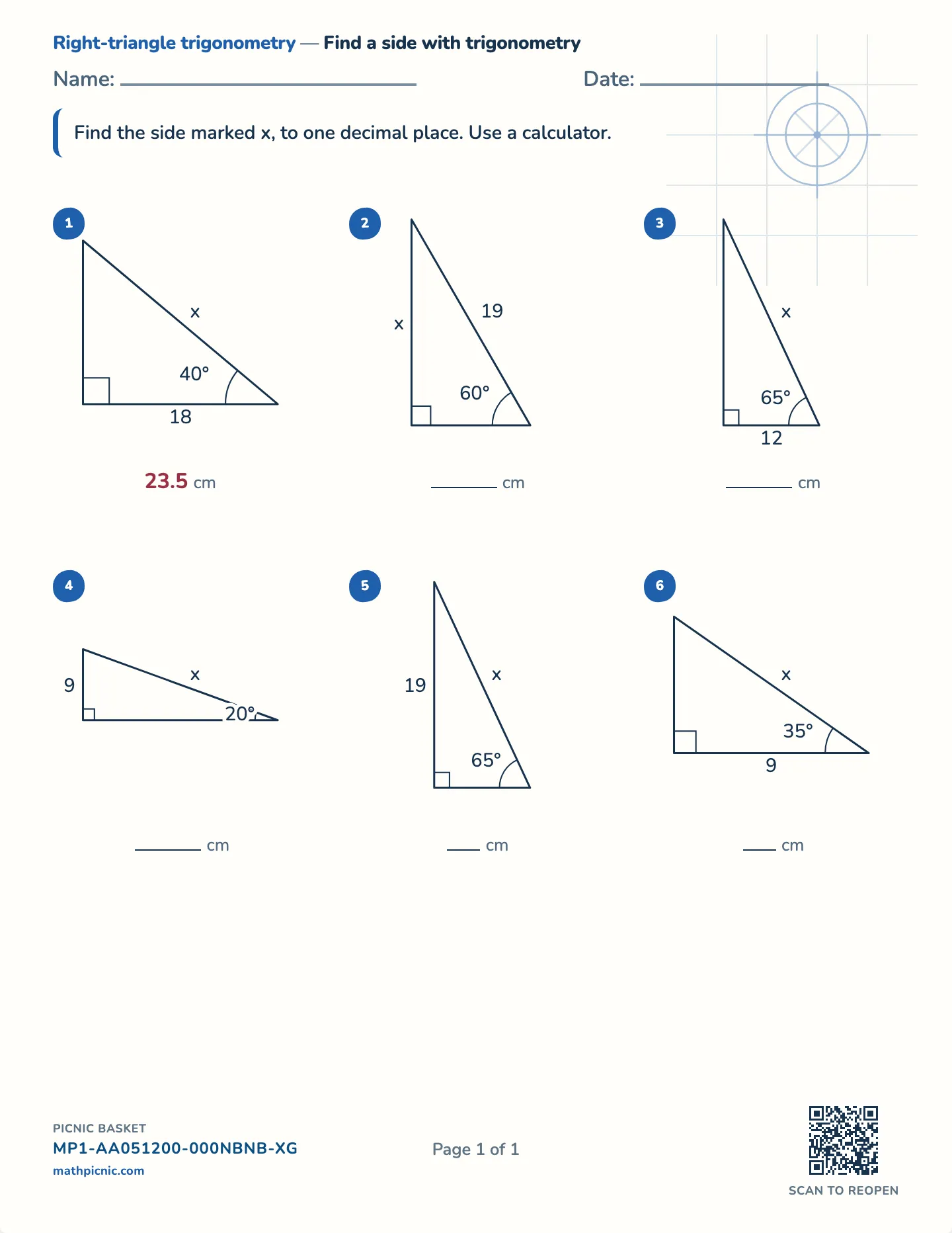 Finding a missing side worksheet — SOHCAHTOA, calculator, rounded, free printable with answer key