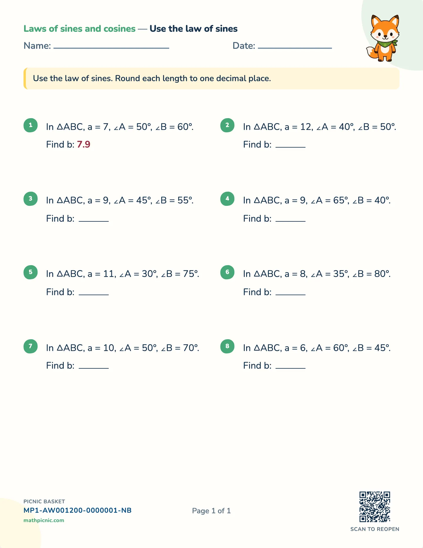 Law of sines worksheet — free printable with answer key