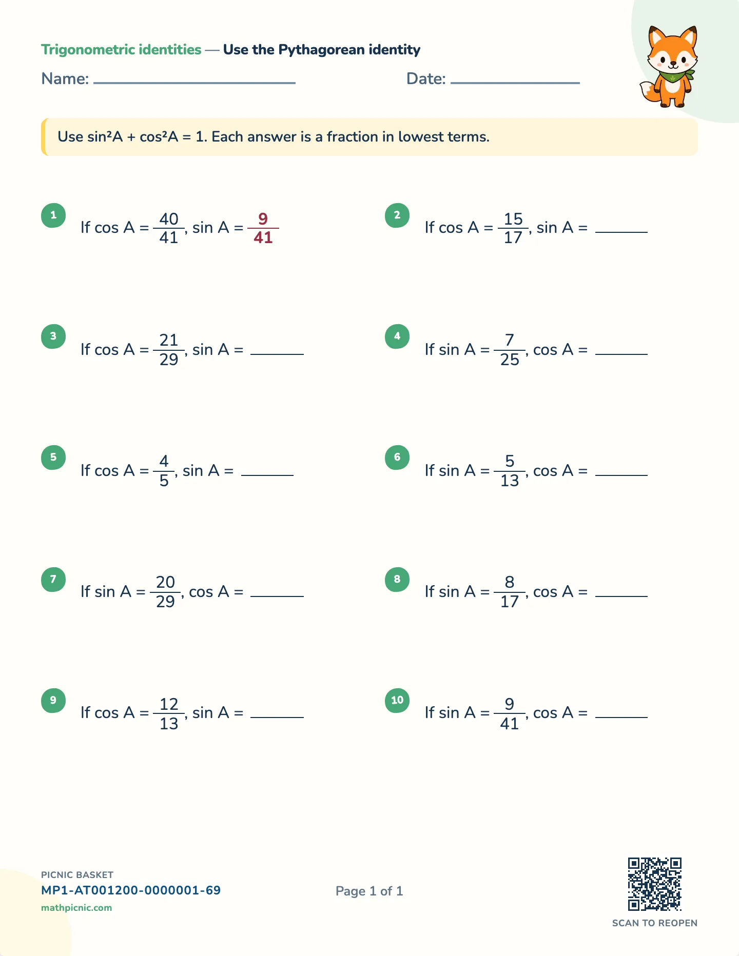 Pythagorean identity worksheet — free printable with answer key