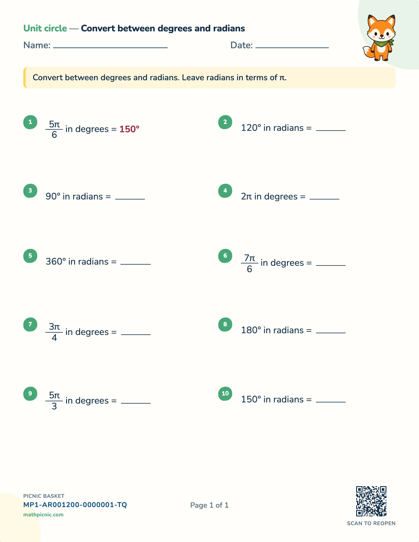 Radians and degrees worksheet — free printable with answer key