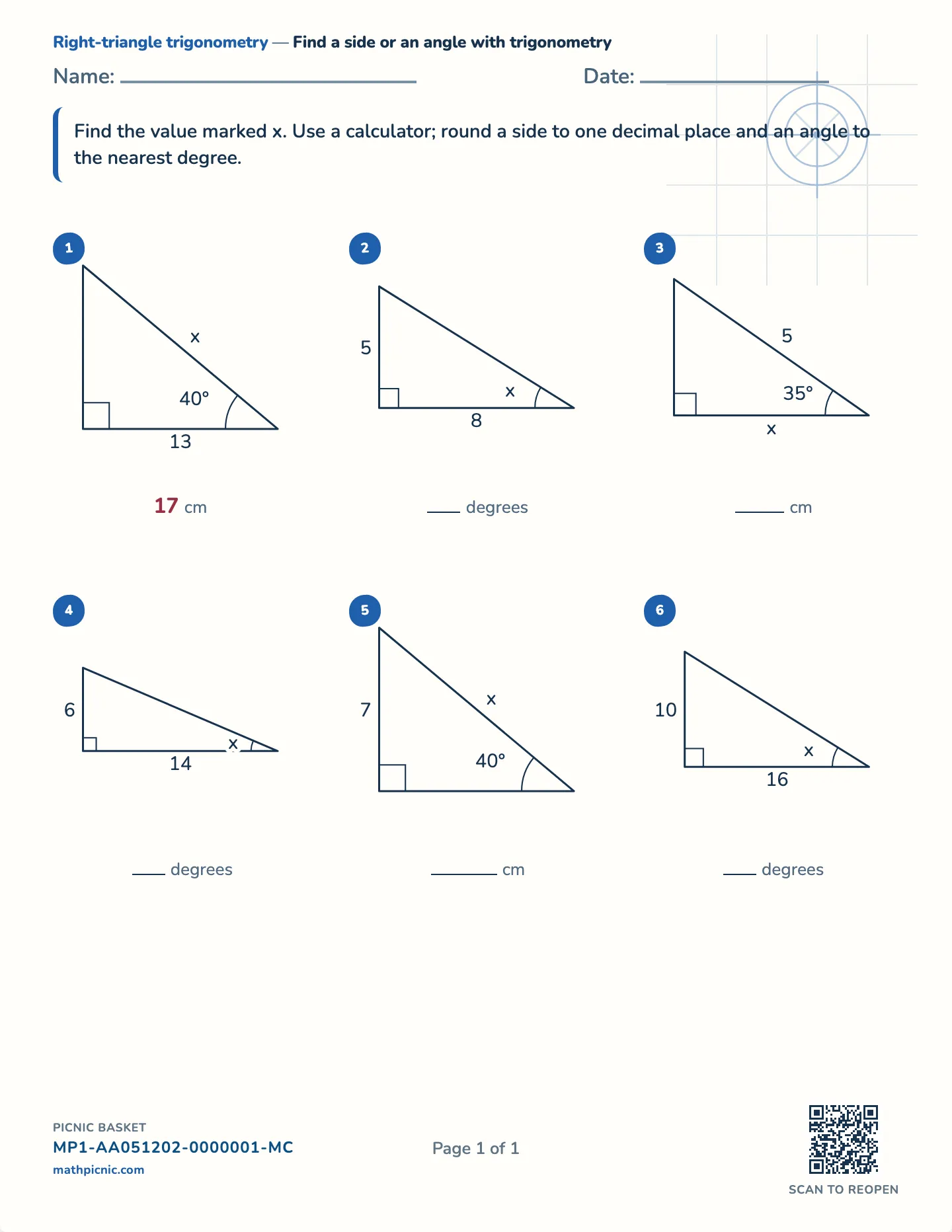 Right-triangle trigonometry worksheet — free printable with answer key