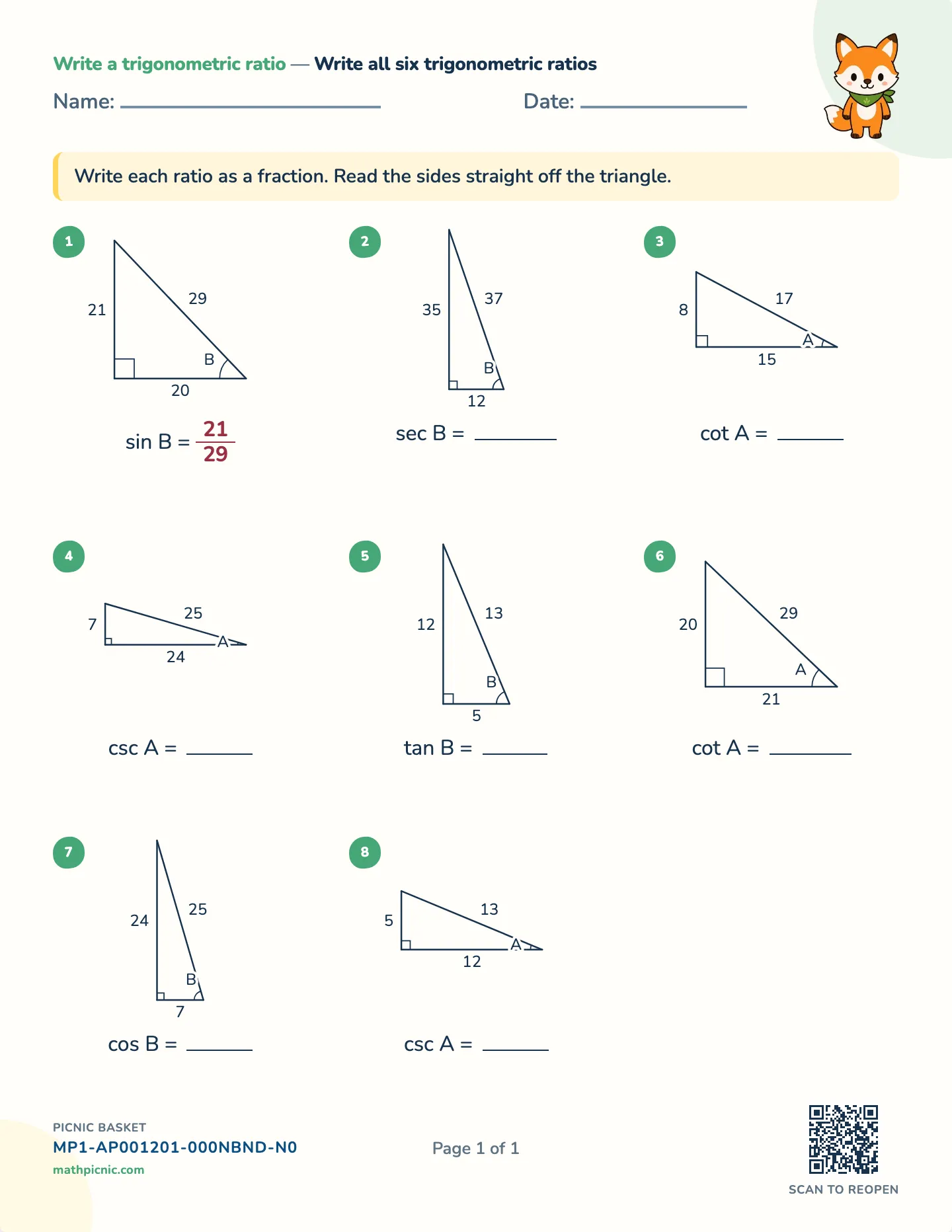 The six trig ratios worksheet — Pythagorean triples, six ratios, free printable with answer key