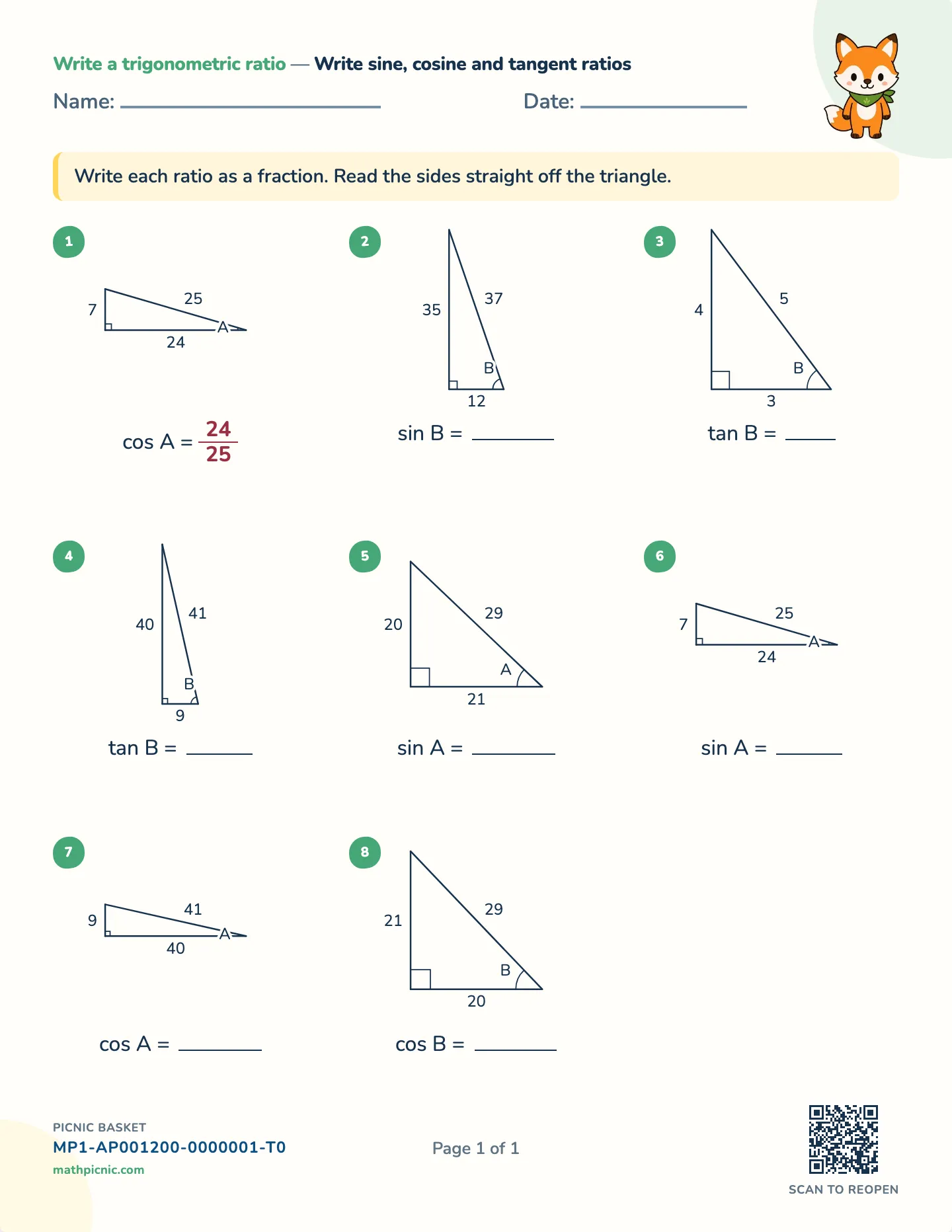 Trigonometric ratios worksheet — free printable with answer key