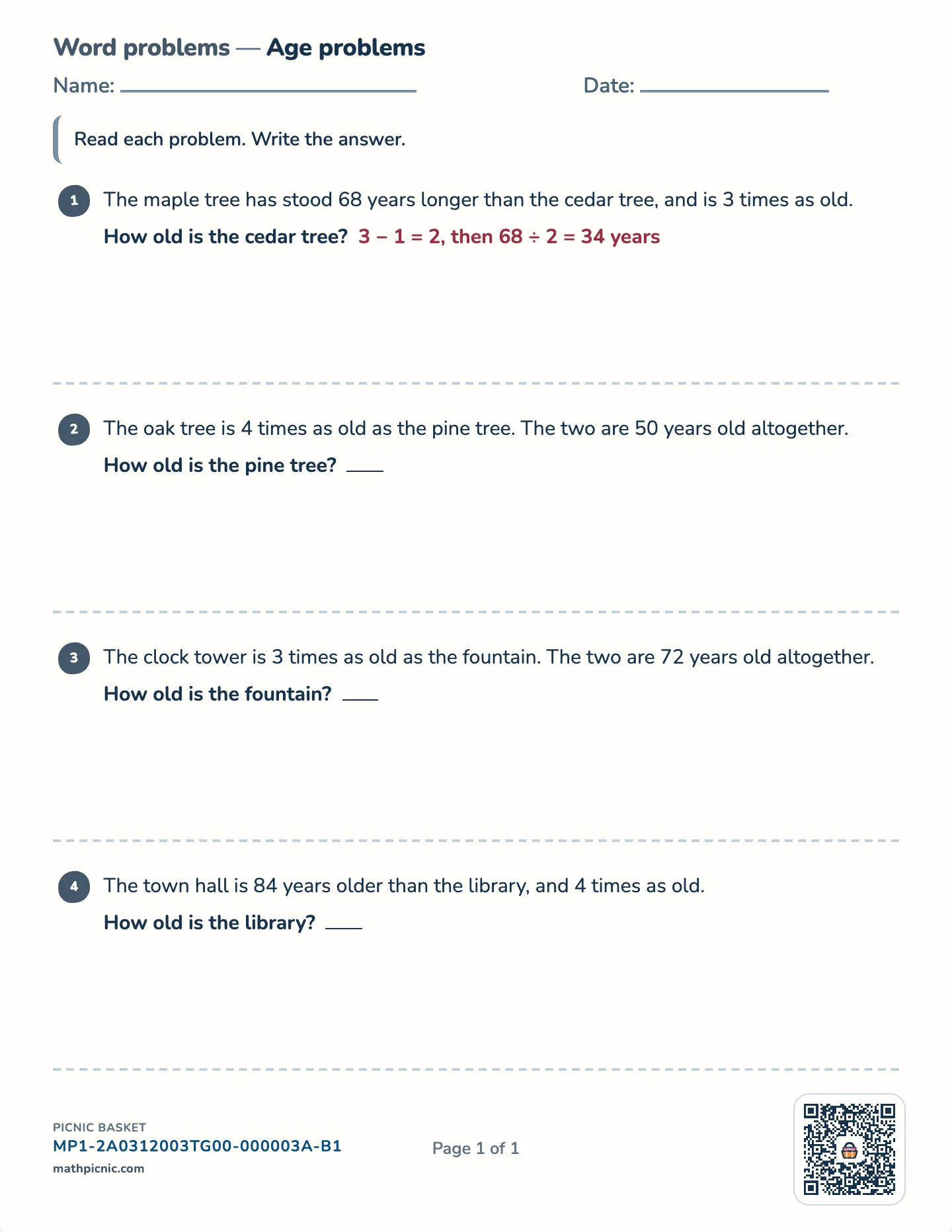 Age word problems worksheet — Ages now and later, free printable with answer key