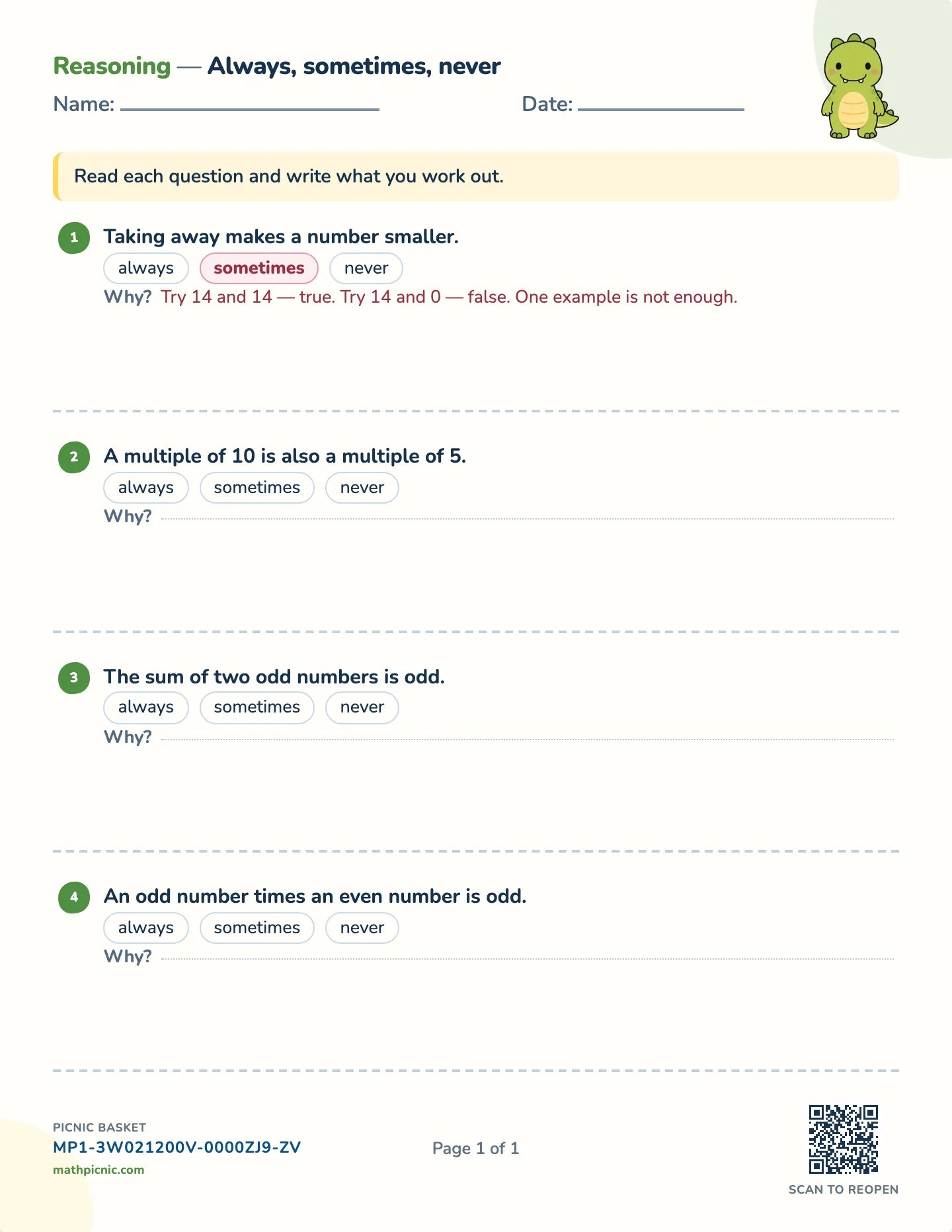 Always, sometimes, never worksheet — Claims about numbers, free printable with answer key