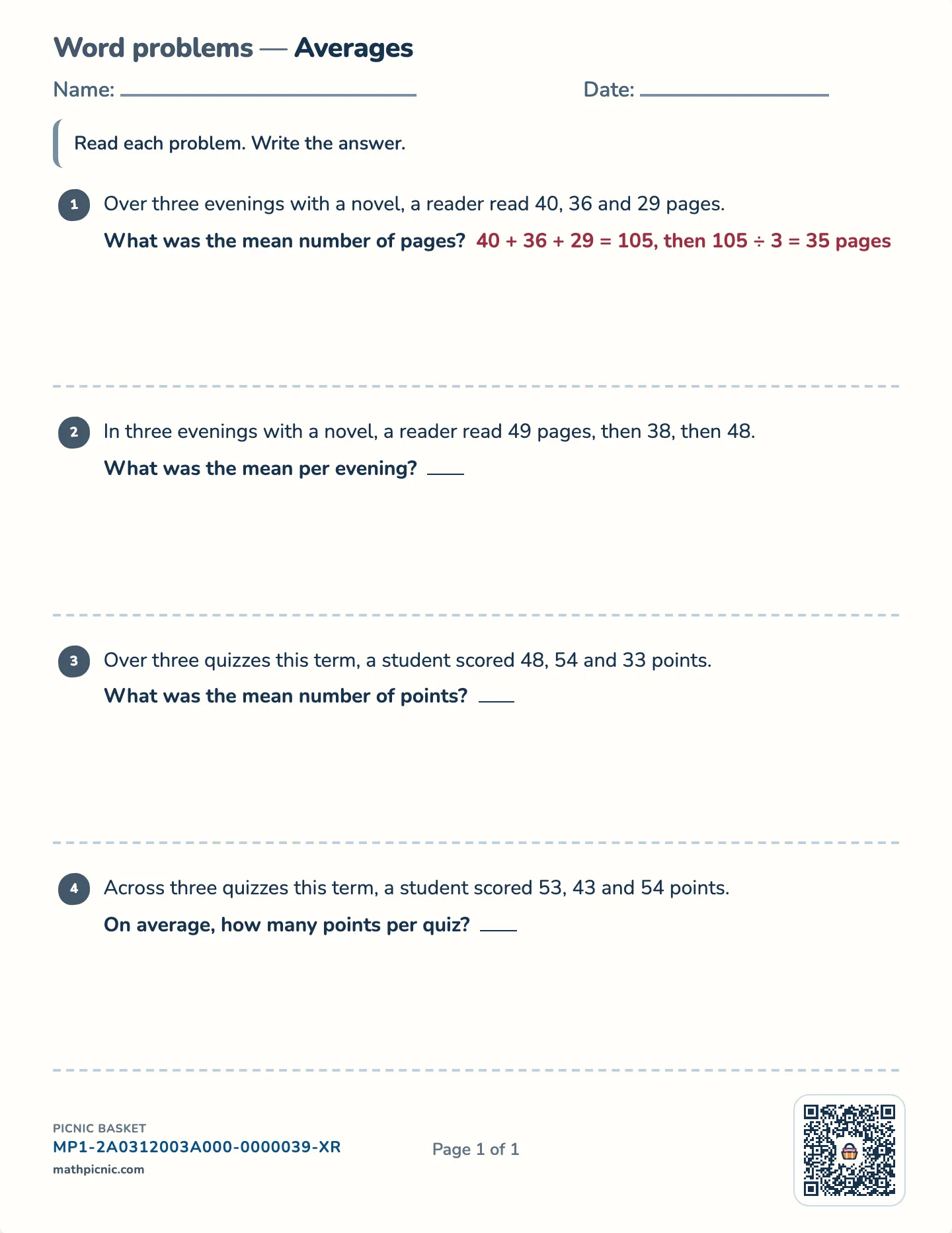 Averages word problems worksheet — Mean of a small set, free printable with answer key
