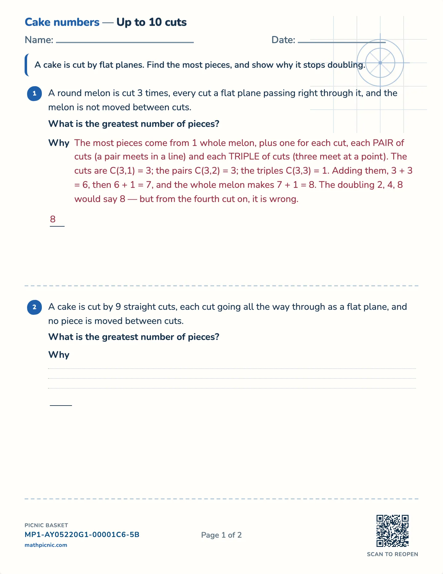 Cake numbers worksheet — Challenge · up to 8, 10 or 12 cuts, free printable with answer key