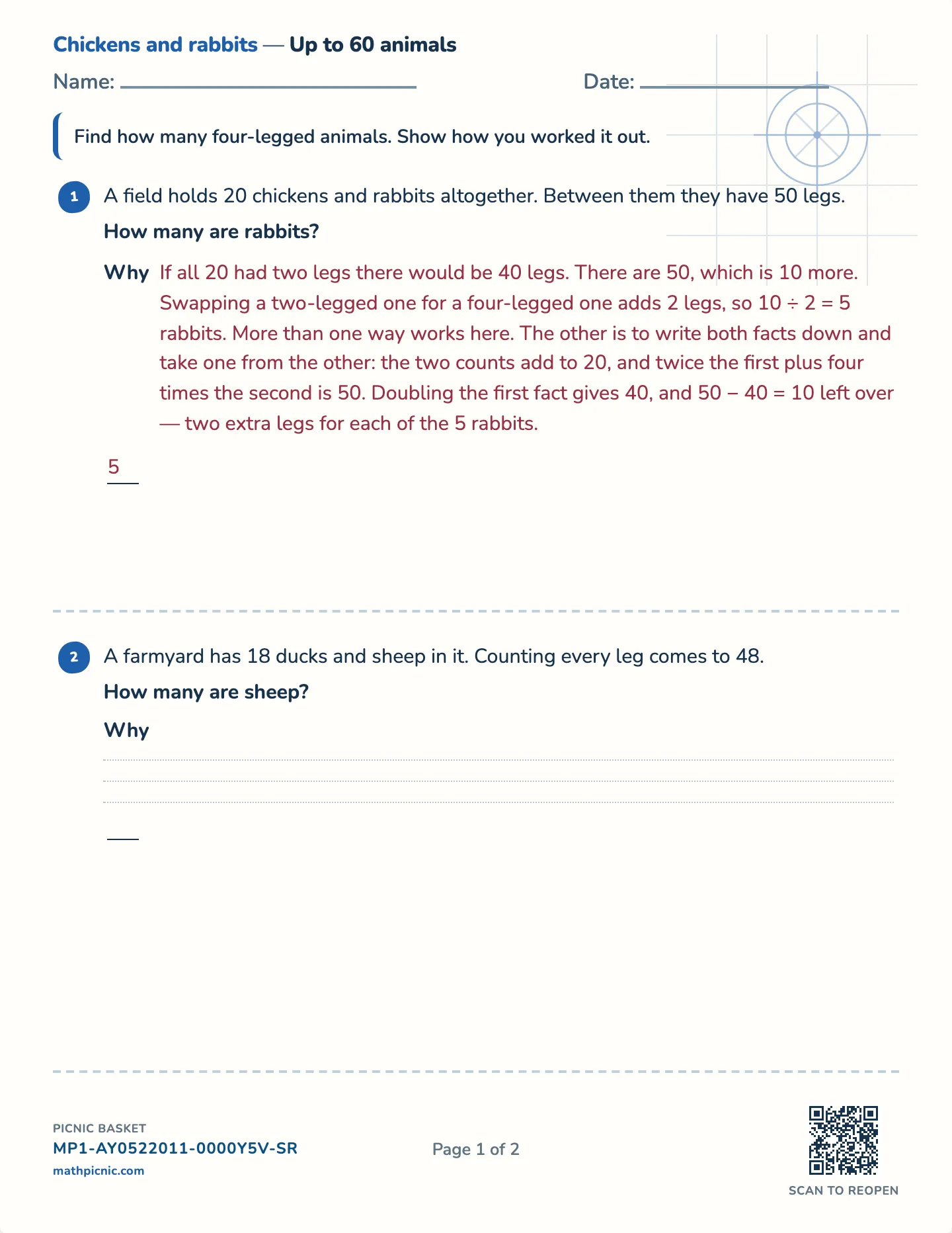 Chickens & rabbits worksheet — Challenge · up to 20, 30 or 40 animals, free printable with answer key