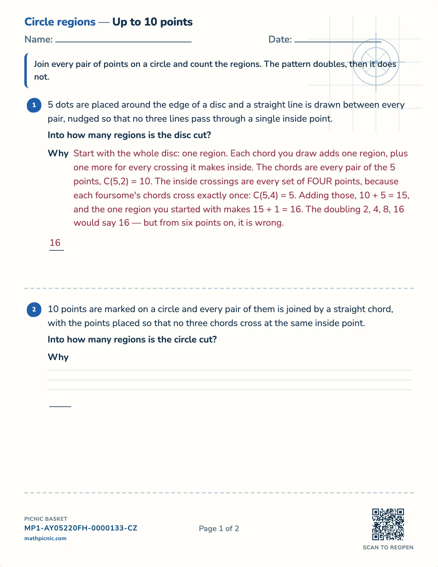 Regions of a circle worksheet — Challenge · up to 8, 10 or 12 points, free printable with answer key