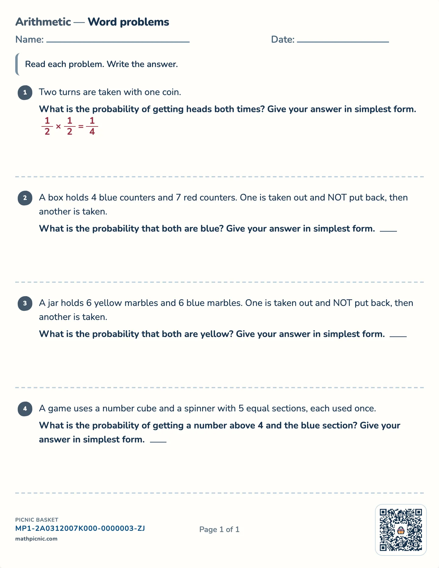 Compound probability word problems worksheet — Two events, with and without replacement, free printable with answer key