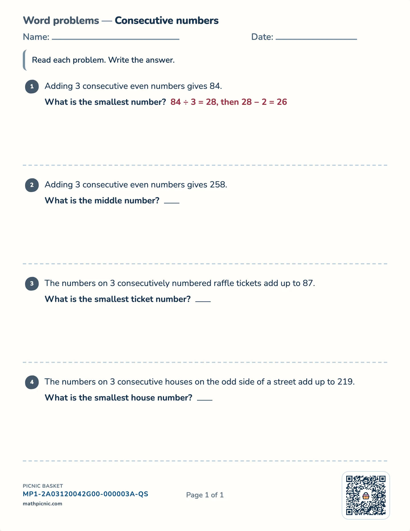 Consecutive number word problems worksheet — Consecutive whole, even, or odd, free printable with answer key