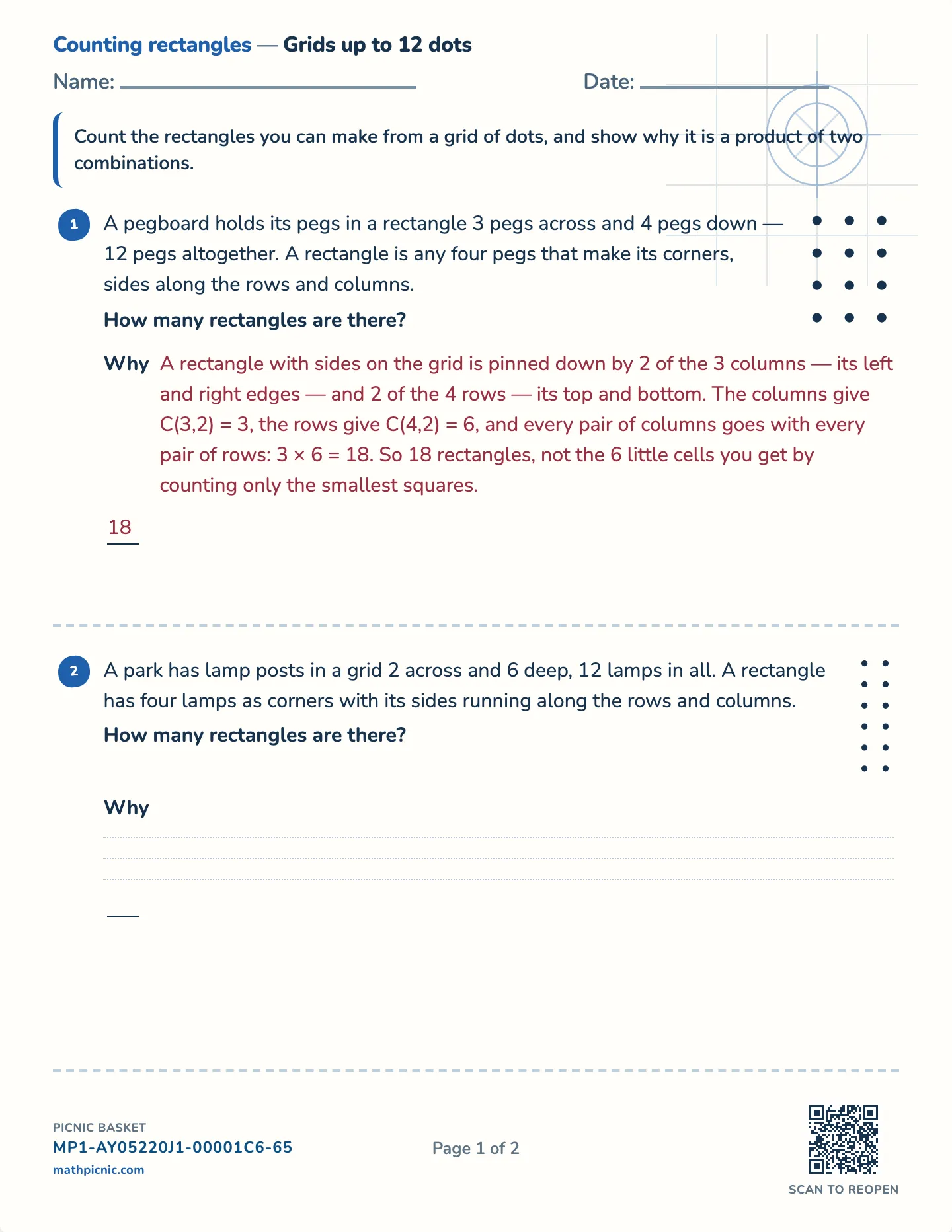 Counting rectangles in a grid worksheet — Challenge · grids up to 9, 12 or 16 dots, free printable with answer key
