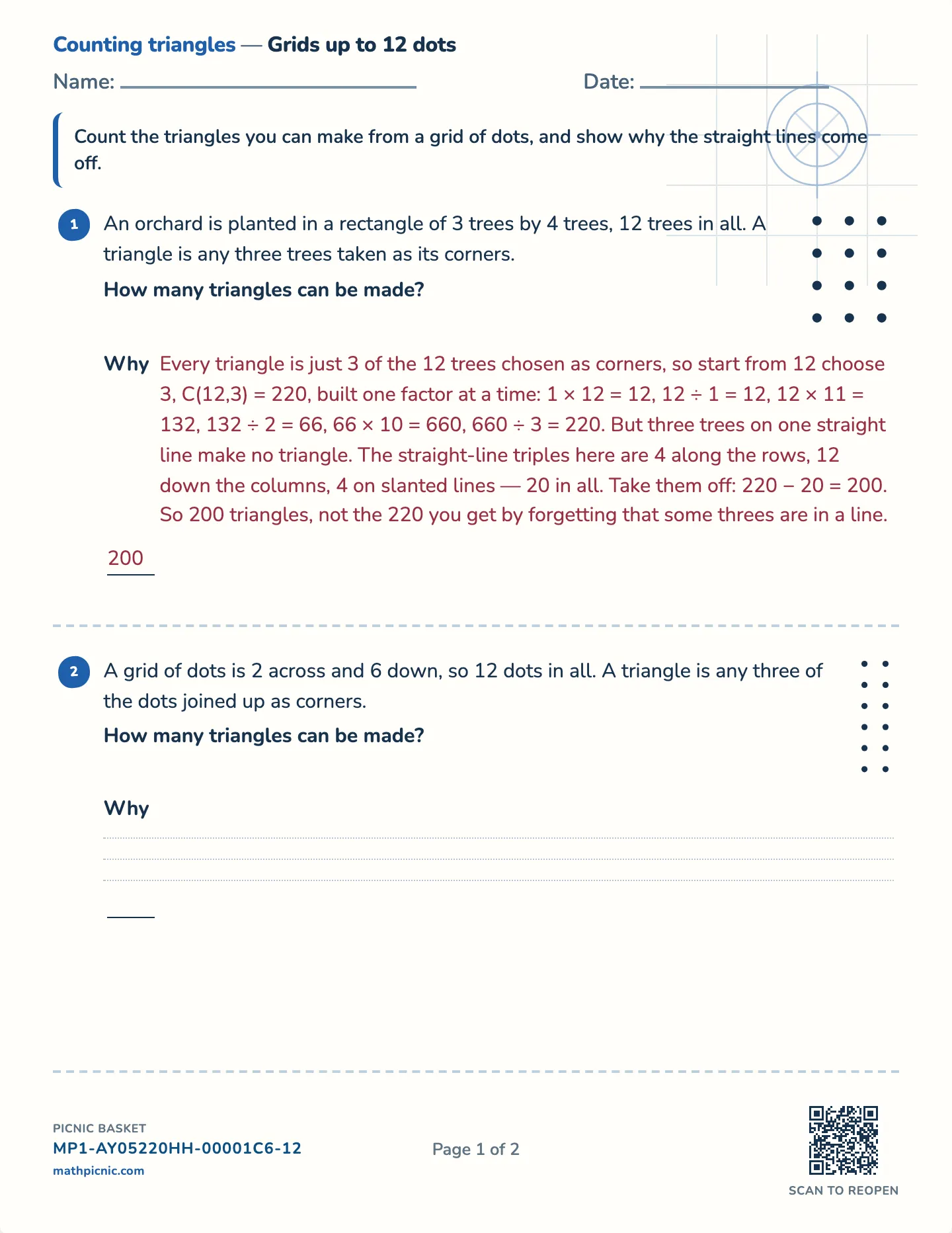 Counting triangles in a grid worksheet — Challenge · grids up to 9, 12 or 16 dots, free printable with answer key