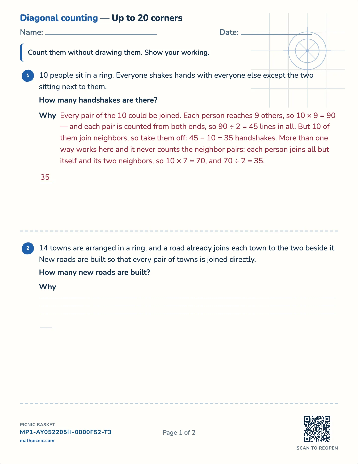 Counting diagonals worksheet — Challenge · up to 15, 20 or 30 corners, free printable with answer key
