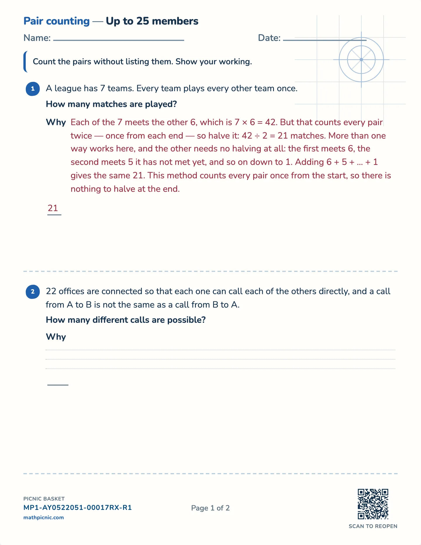Counting pairs worksheet — Challenge · up to 15, 25 or 40 members, free printable with answer key