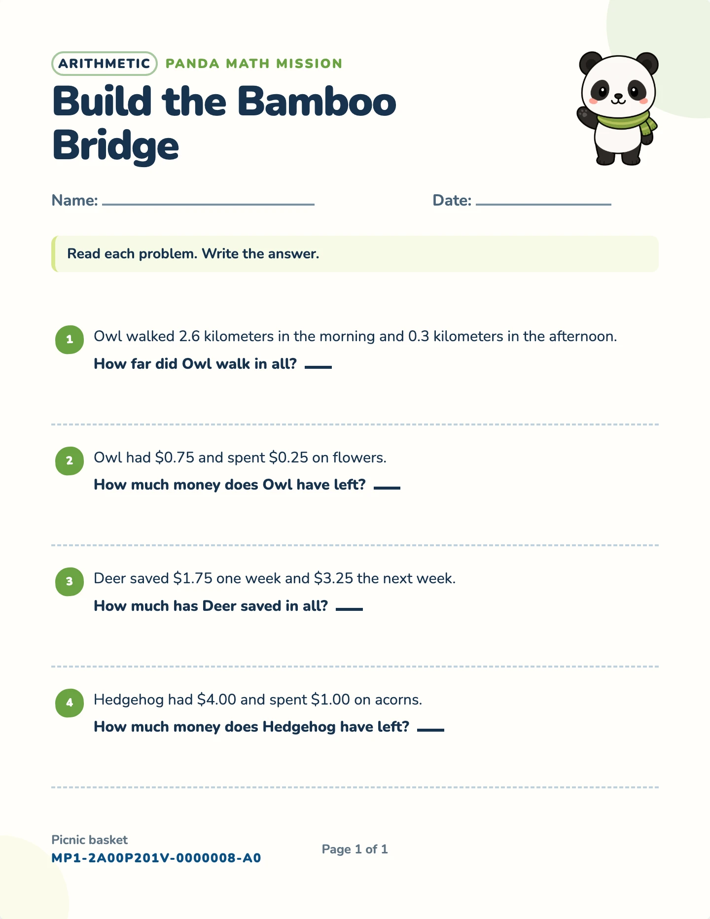 Decimal word problems worksheet — Money and measurement, free printable with answer key