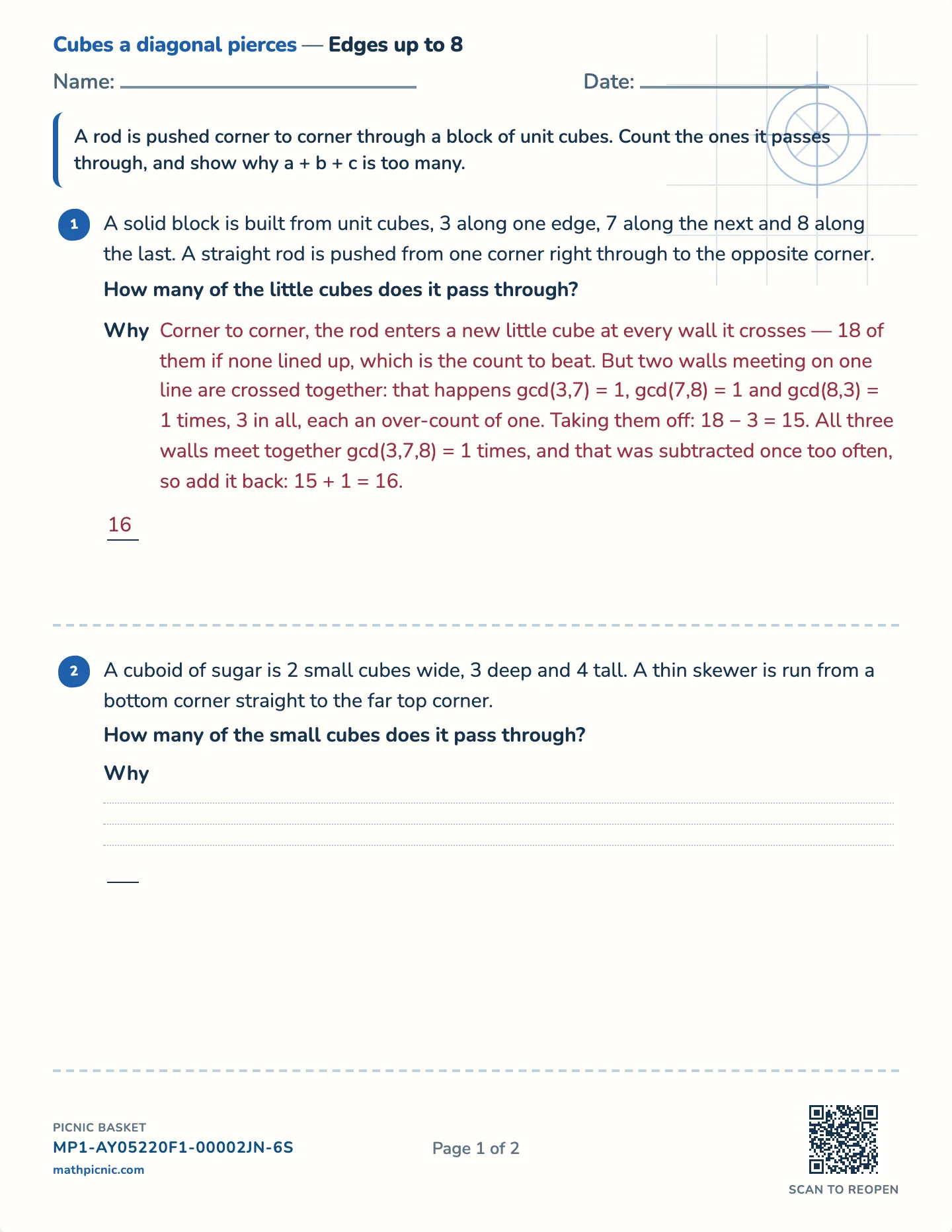 A diagonal through a box worksheet — Challenge · boxes with edges up to 6, 8 or 10, free printable with answer key