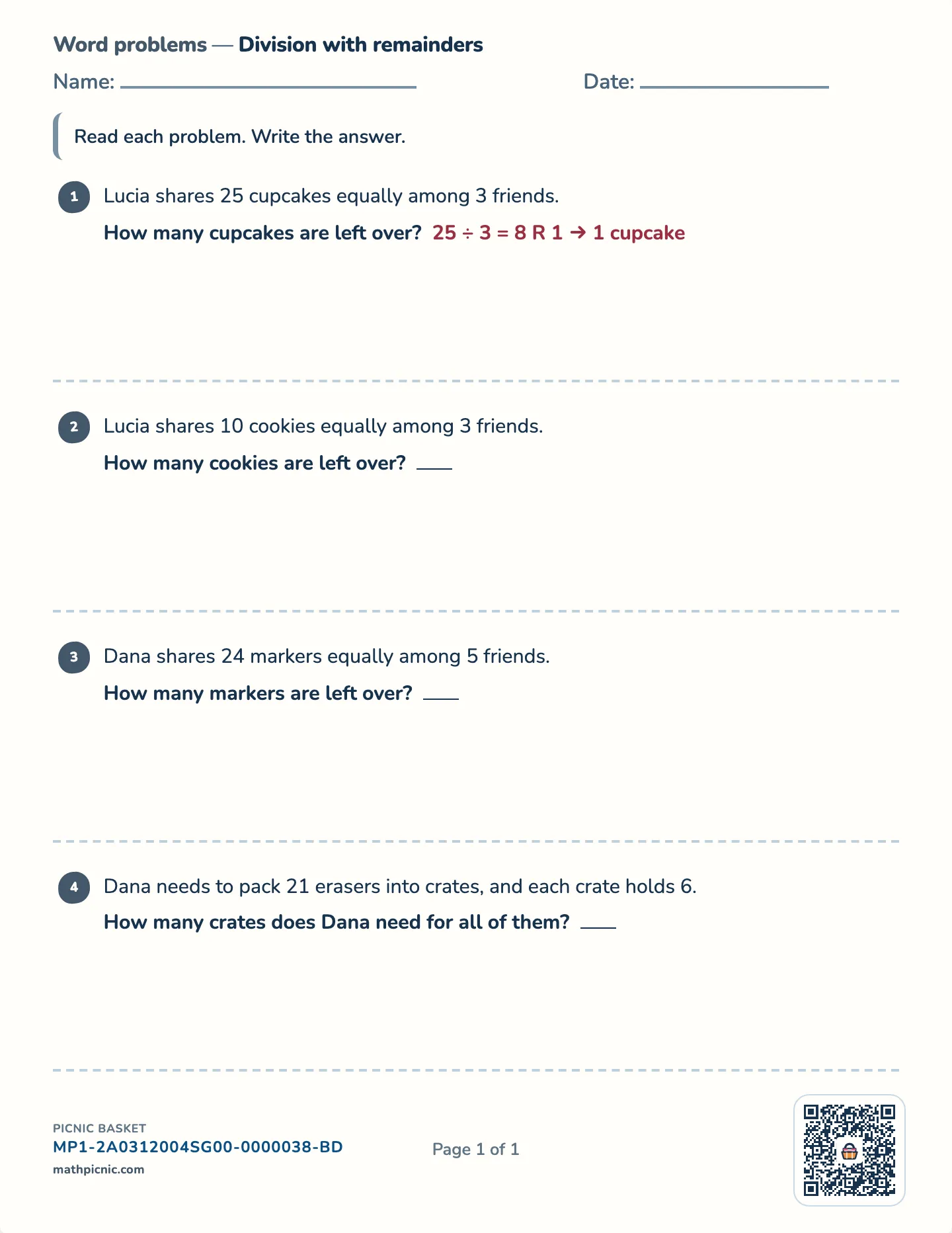 Division word problems with remainders worksheet — Sharing that does not come out even, free printable with answer key