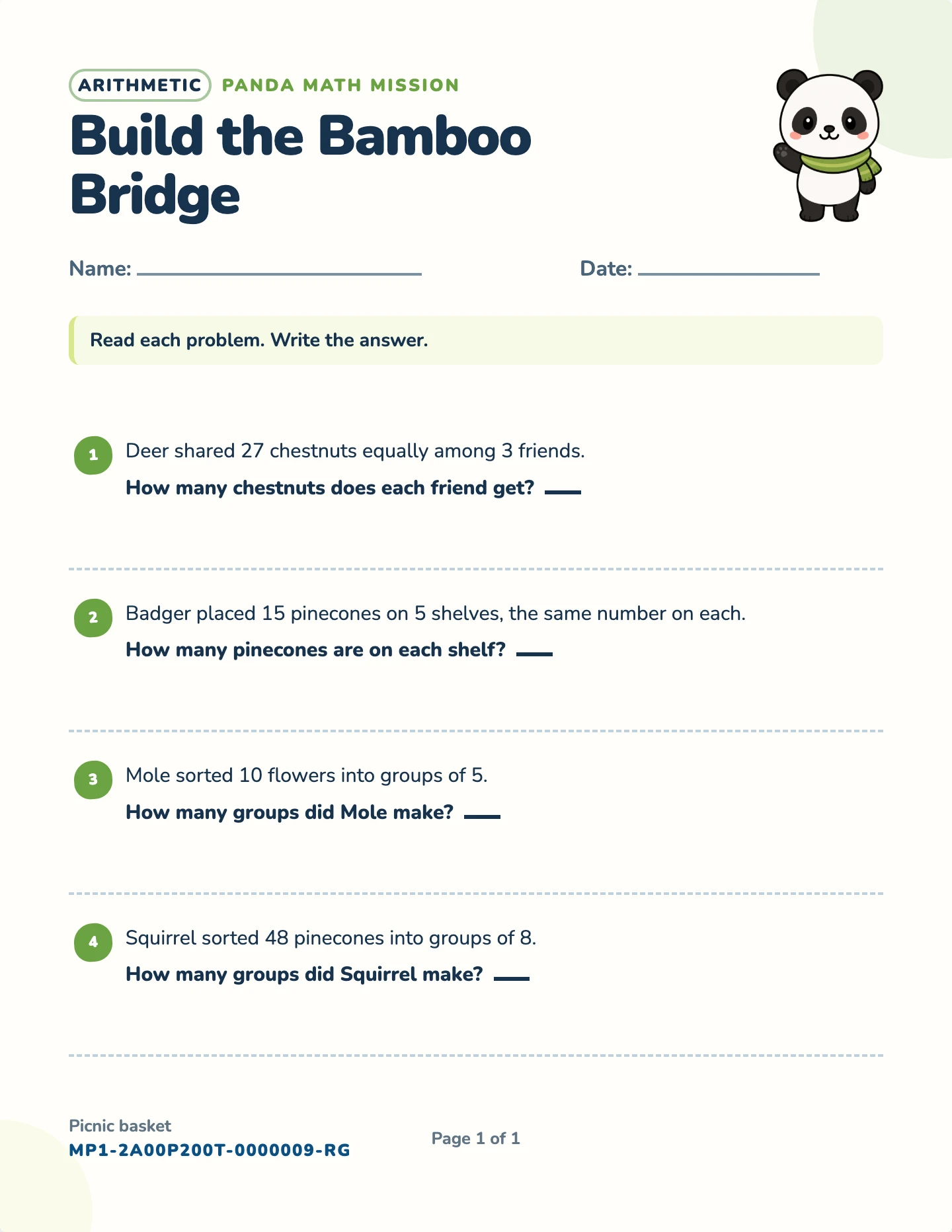 Division word problems worksheet — Sharing and grouping, free printable with answer key