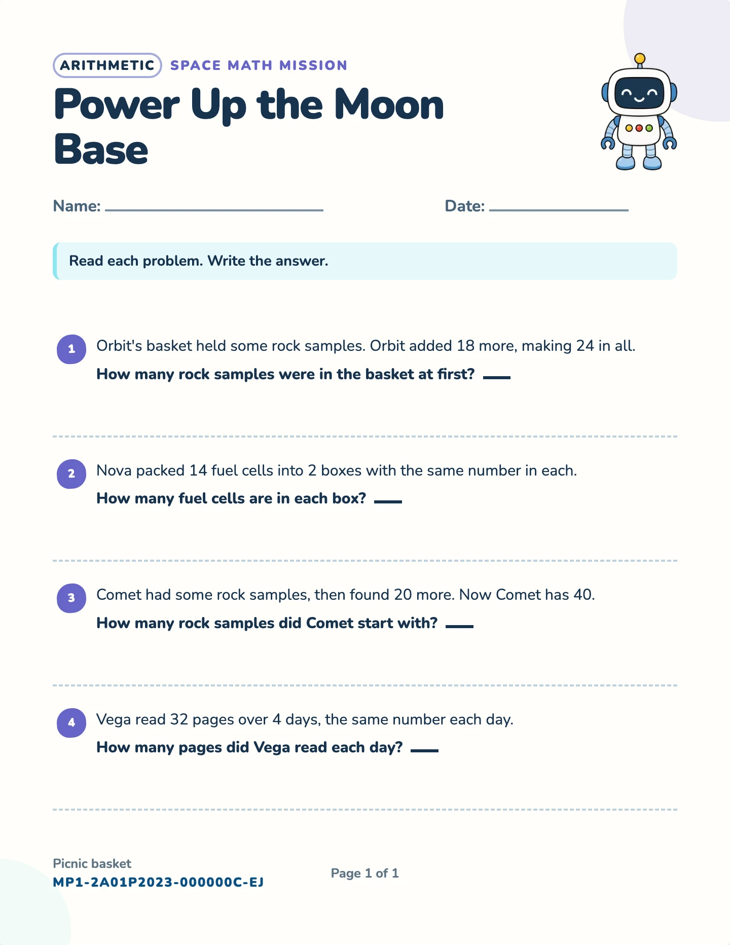 Equation word problems worksheet — Write x + p = q, p × x = q, free printable with answer key