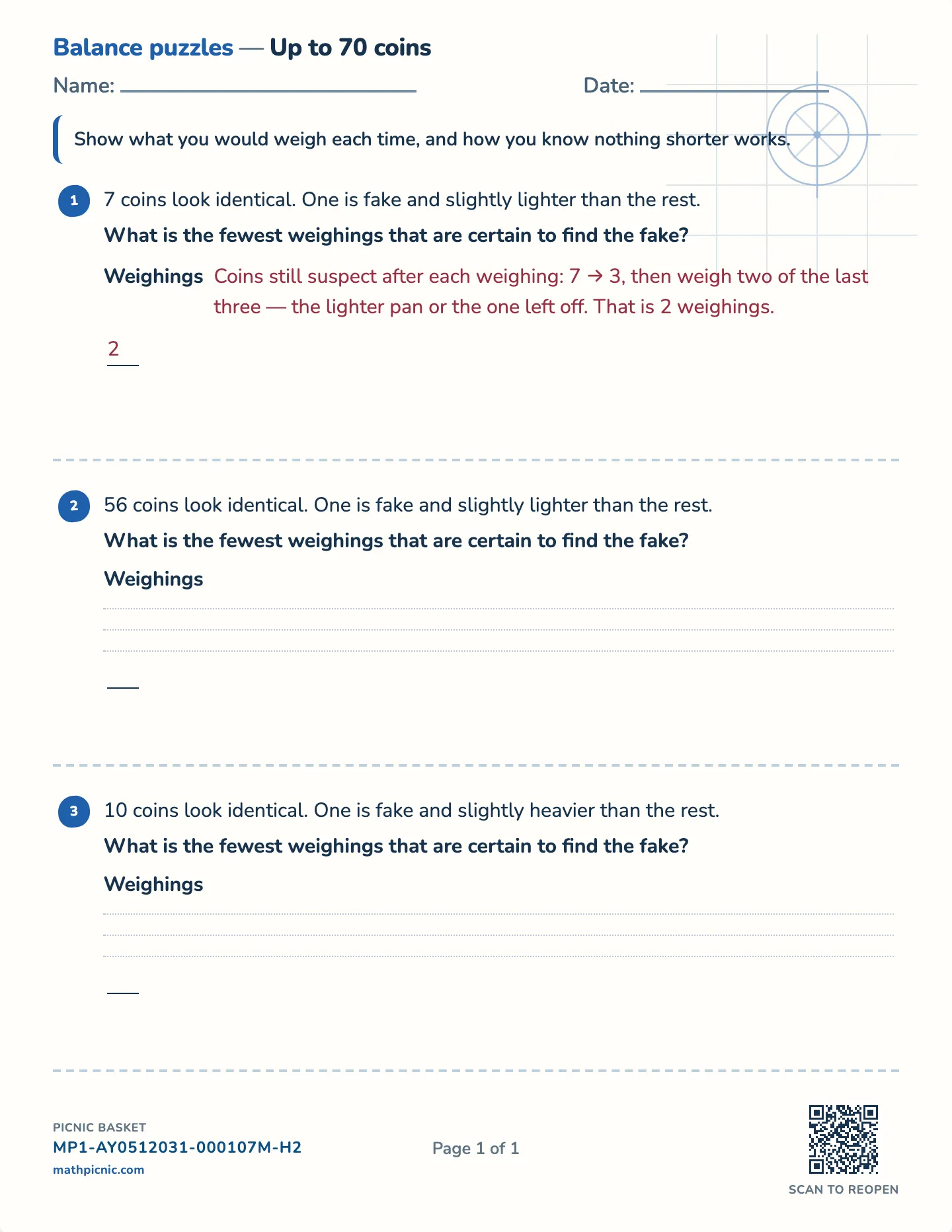 The fake coin worksheet — Challenge · up to 15, 25 or 40 coins, free printable with answer key
