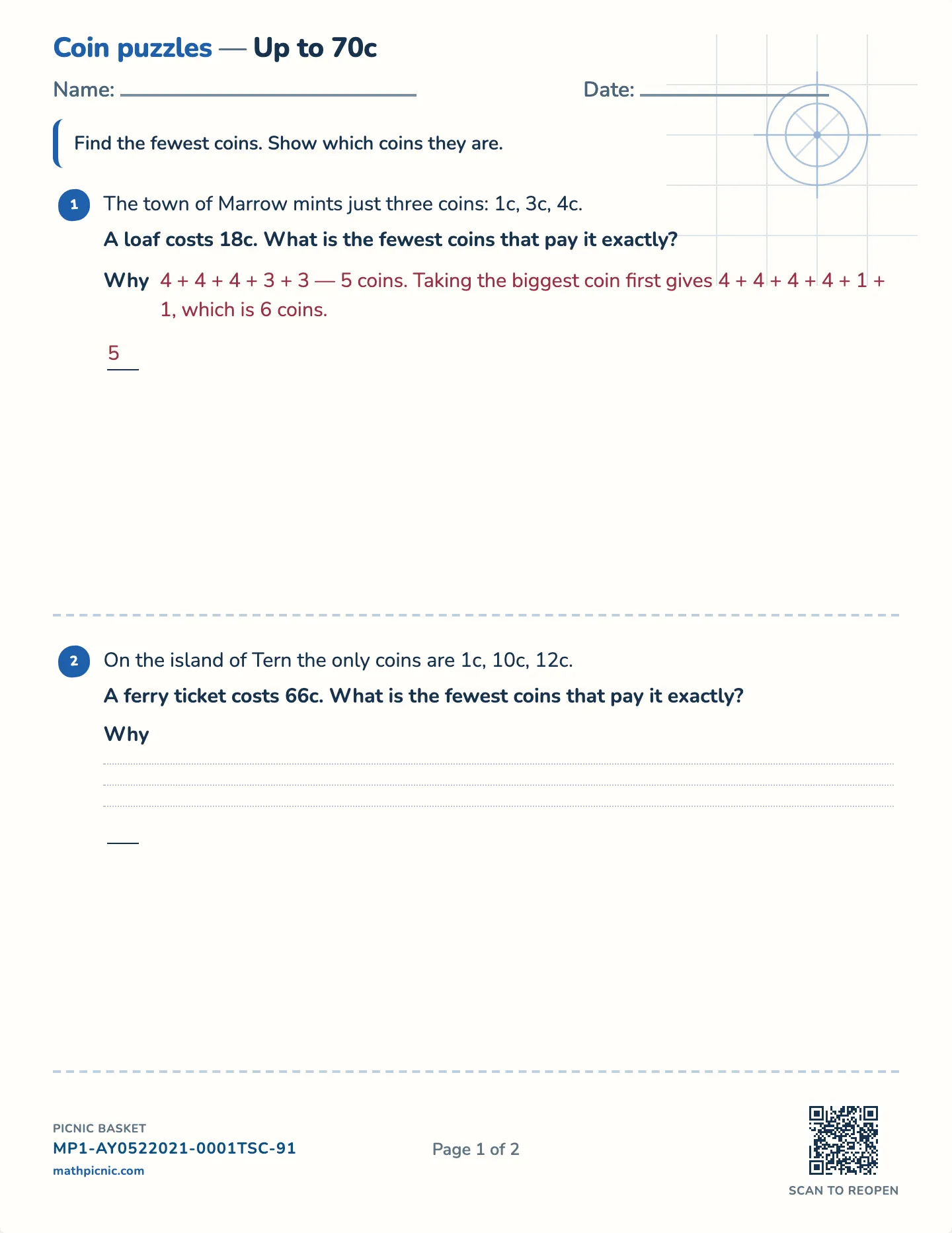 Fewest coins worksheet — Challenge · up to 20c, 30c or 40c, free printable with answer key
