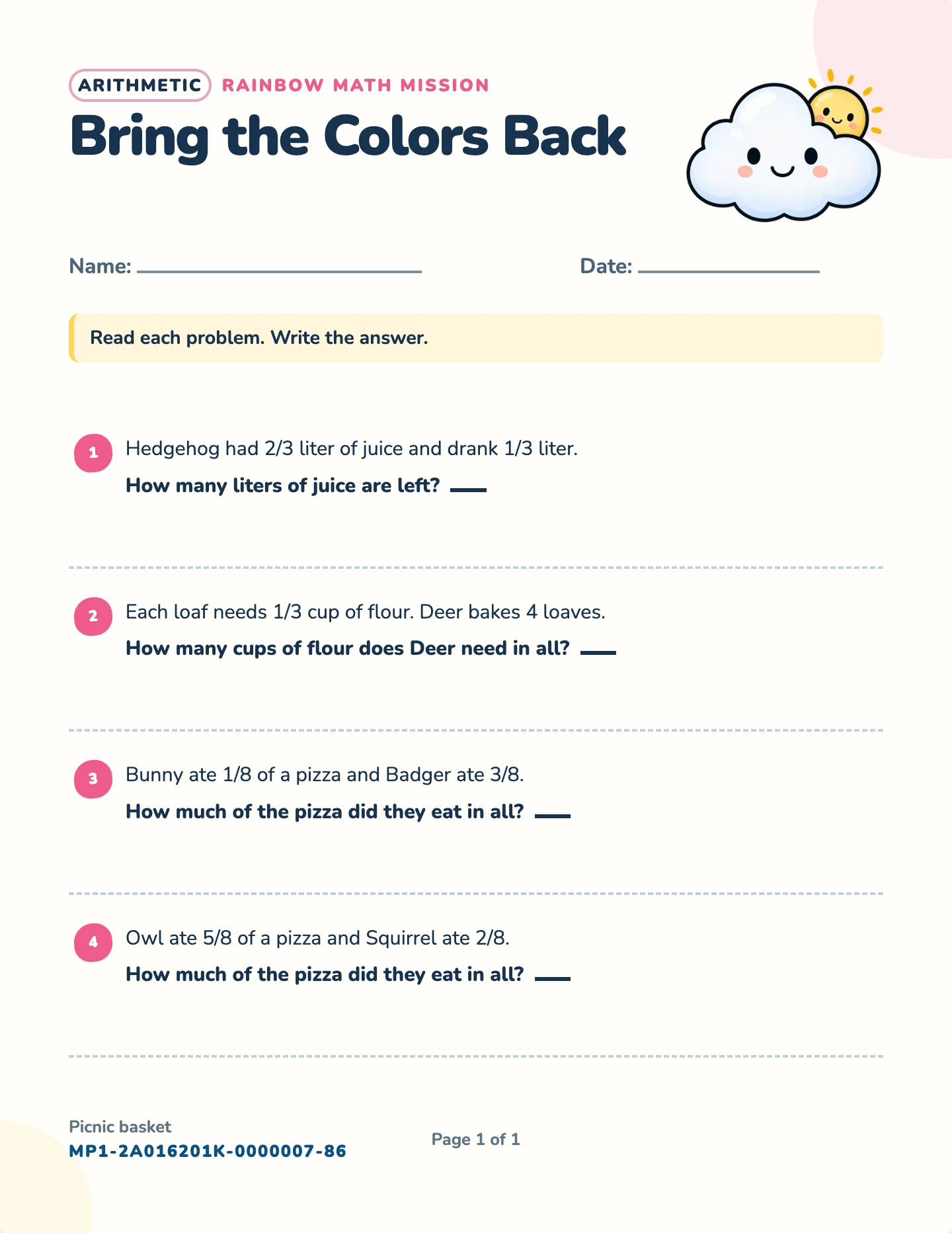 Fraction word problems worksheet — Add, subtract, multiply, free printable with answer key