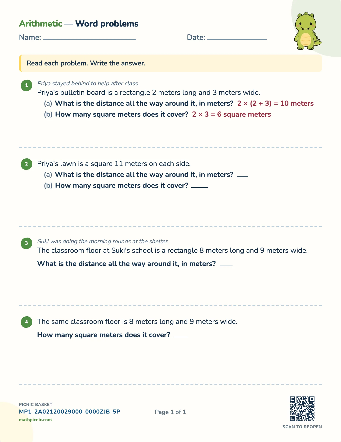 Geometry word problems worksheet — Perimeter and area, no figure, free printable with answer key