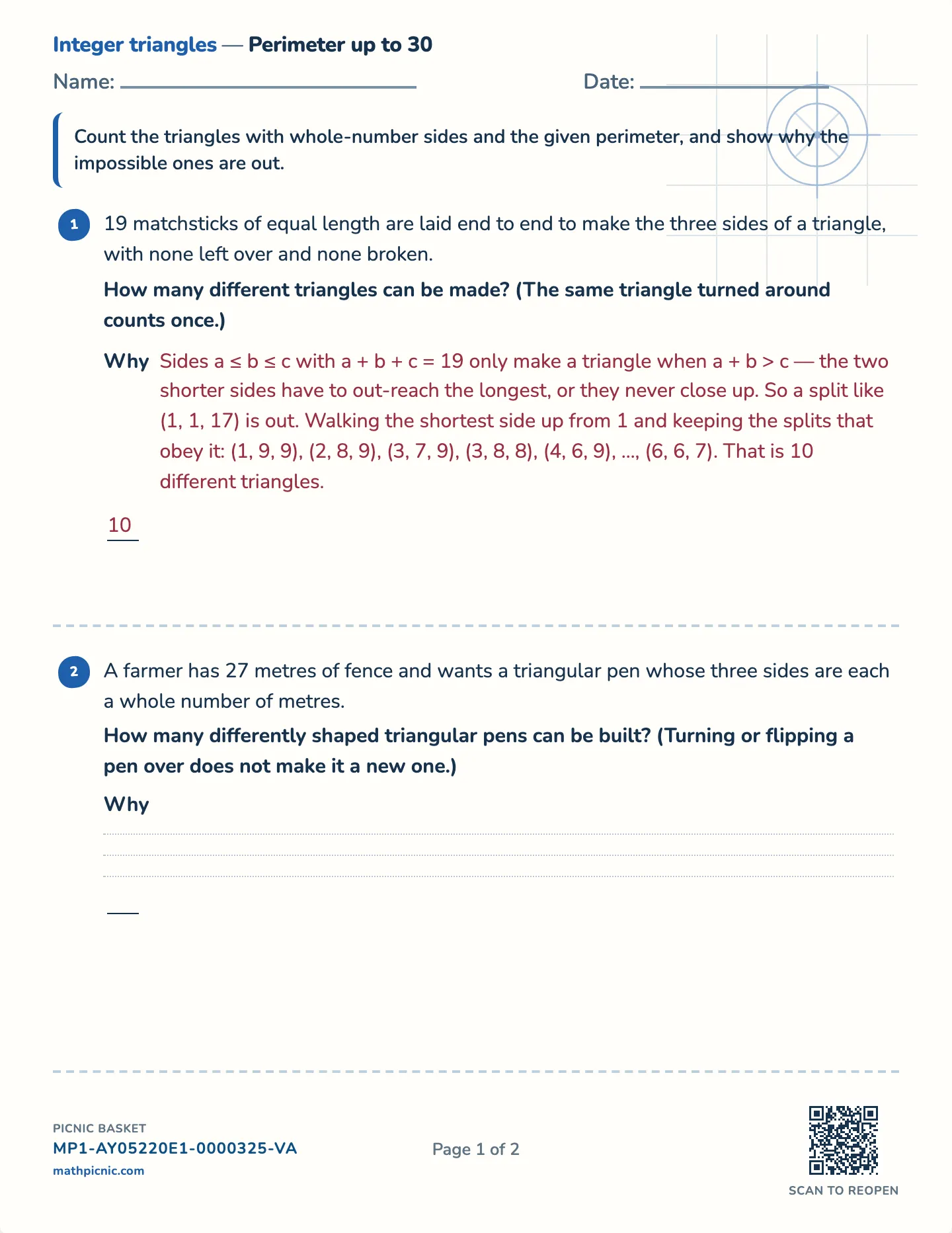 Integer triangles worksheet — Challenge · perimeters up to 20, 30 or 44, free printable with answer key
