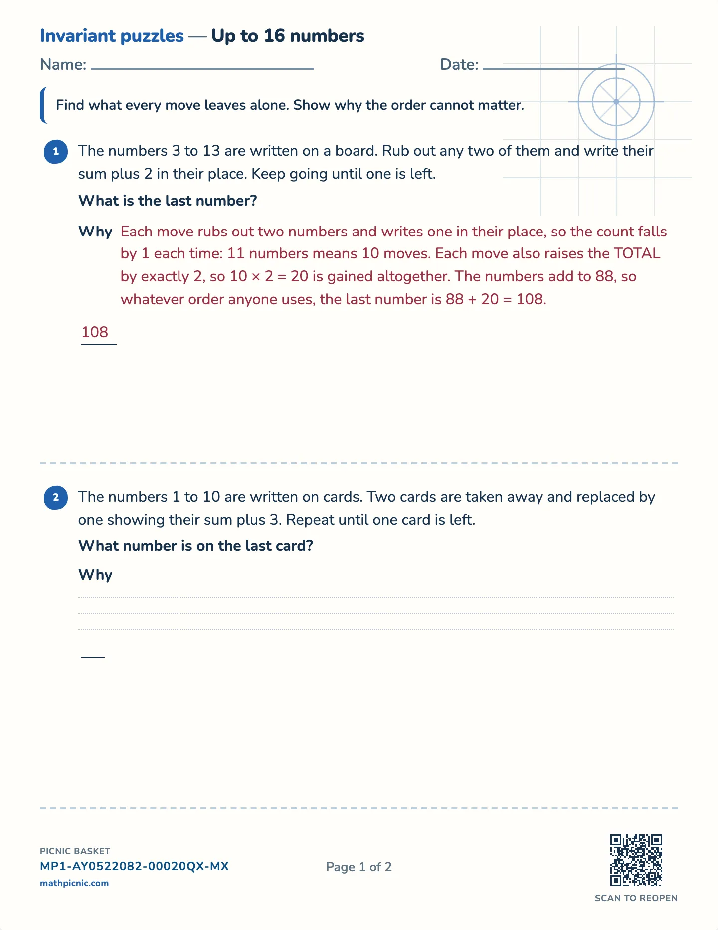 The number that cannot change worksheet — Challenge · up to 8, 12 or 16 numbers, free printable with answer key