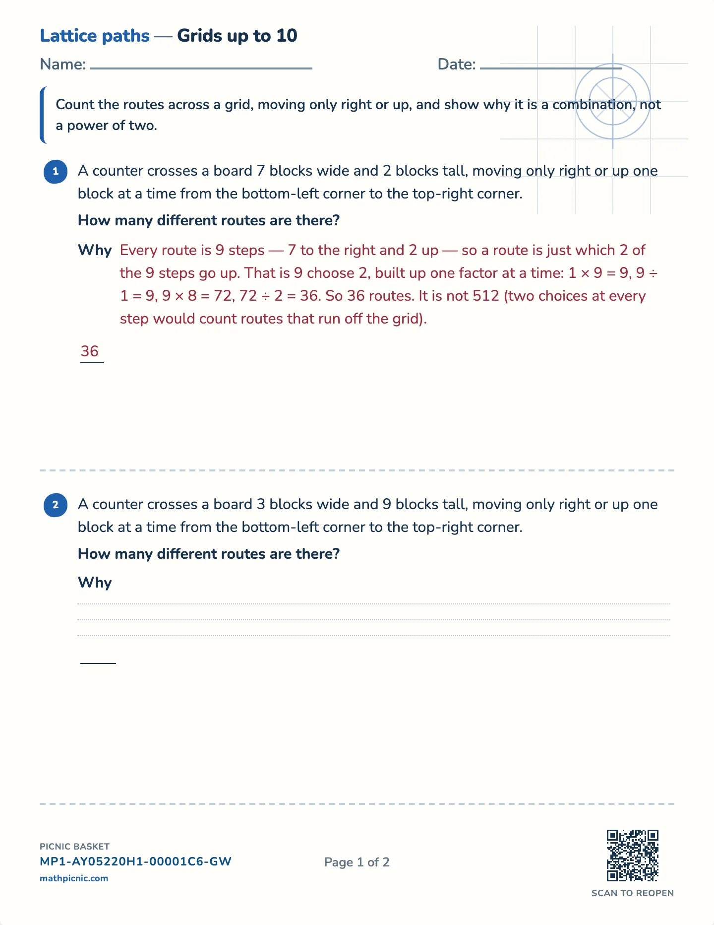 Lattice paths worksheet — Challenge · grids up to 8, 10 or 12, free printable with answer key