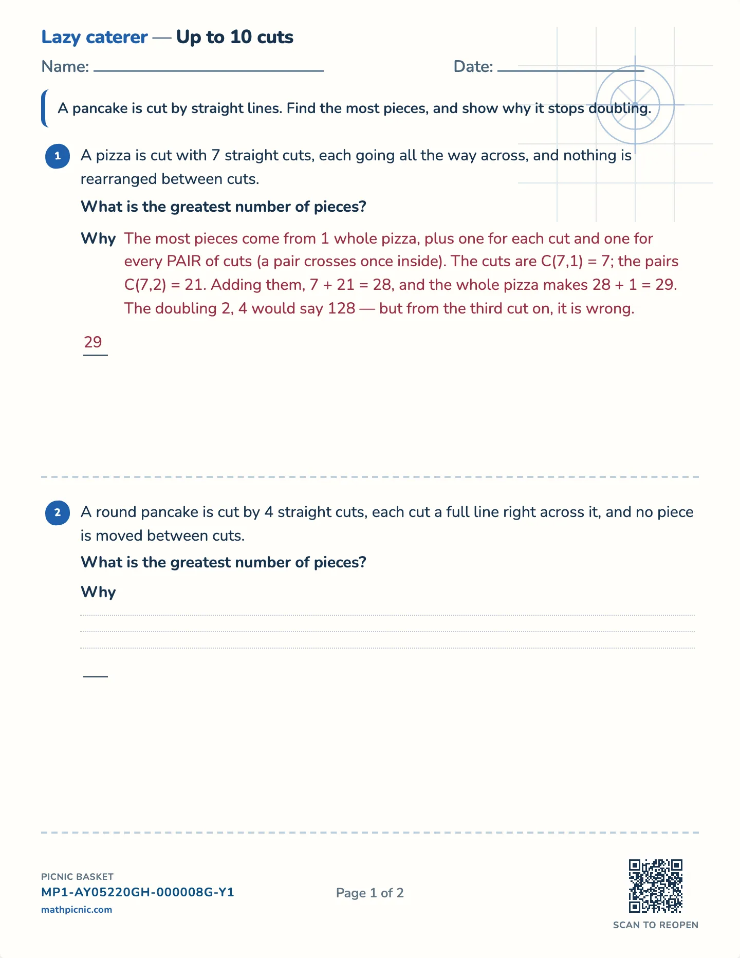 The lazy caterer worksheet — Challenge · up to 8, 10 or 12 cuts, free printable with answer key