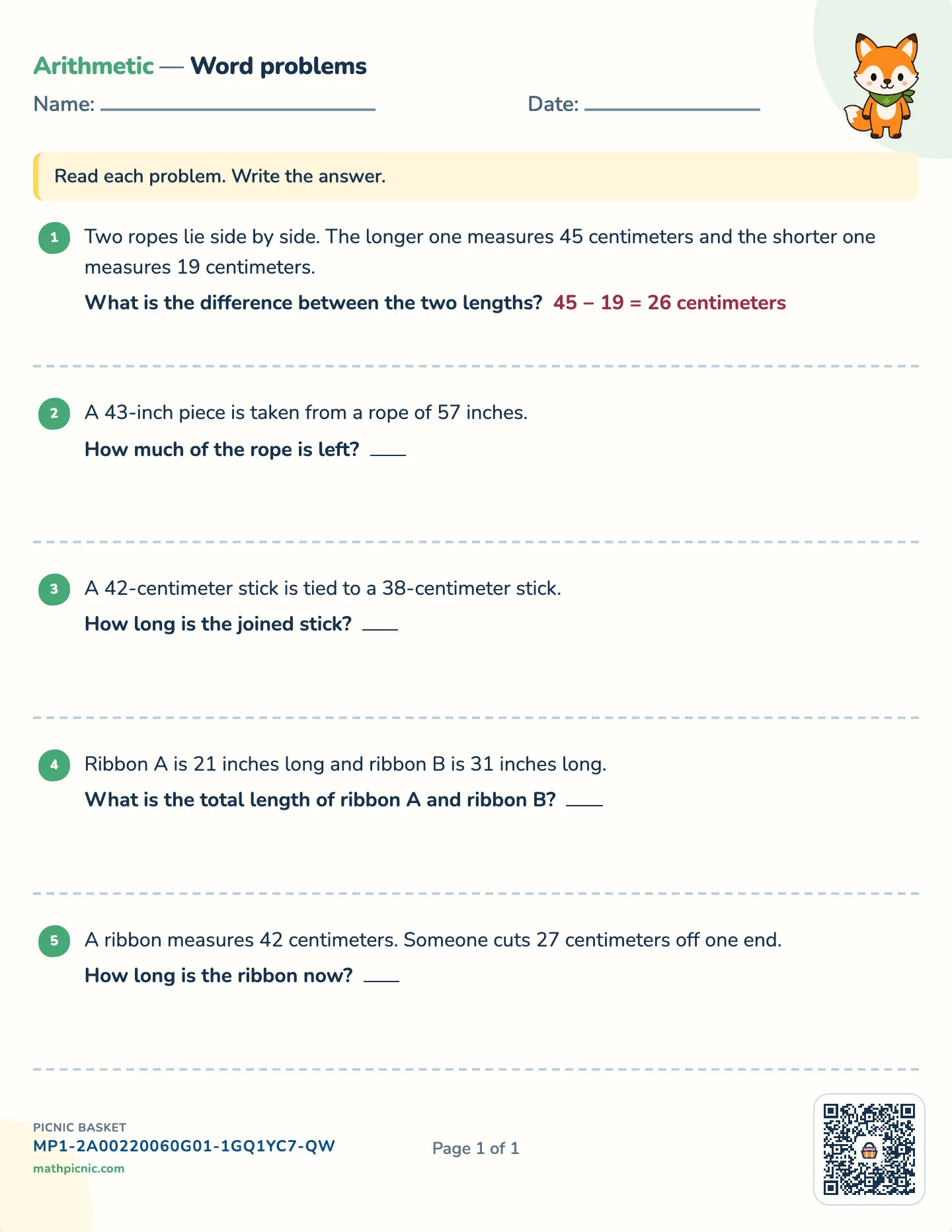 Length word problems worksheet — Lengths within 100, one unit, free printable with answer key