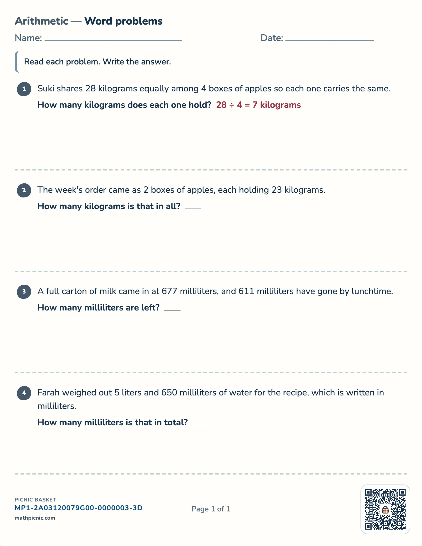 Mass and capacity word problems worksheet — Grams, kilograms, milliliters, liters, free printable with answer key