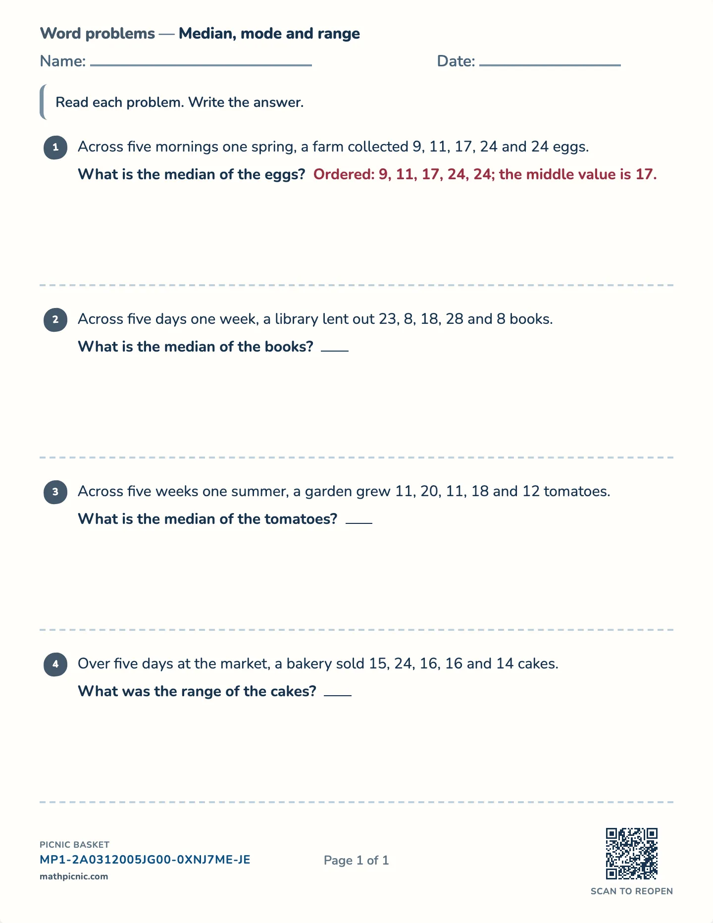 Median, mode, and range word problems worksheet — Median, mode, and range, free printable with answer key