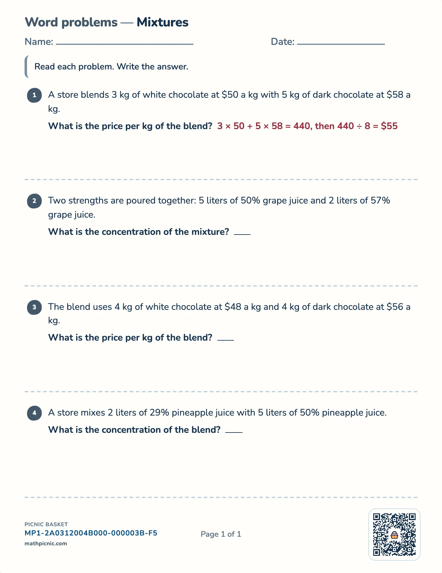 Mixture word problems worksheet — Two prices, one blend, free printable with answer key