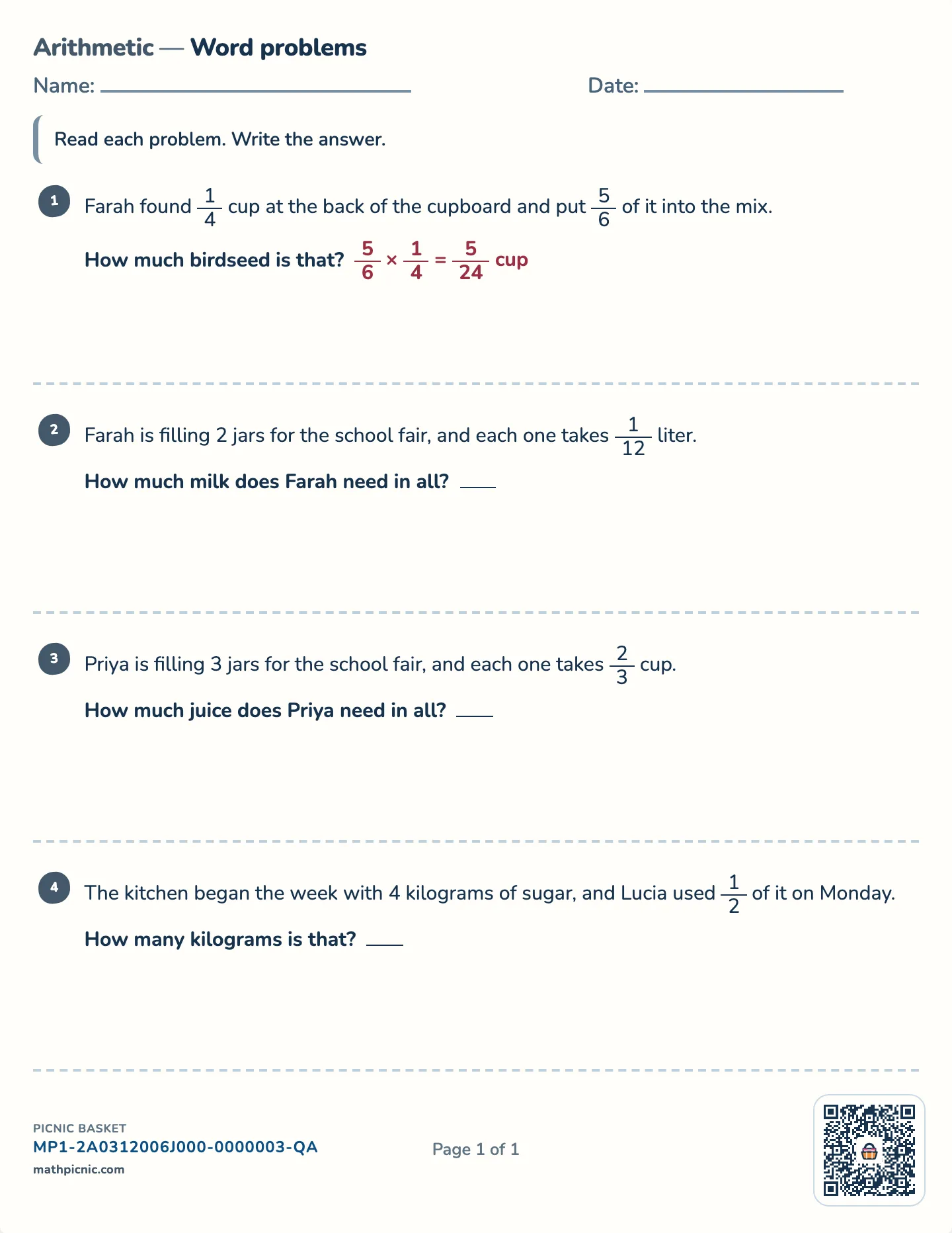 Multiplying and dividing fraction word problems worksheet — Multiply and divide fractions, free printable with answer key