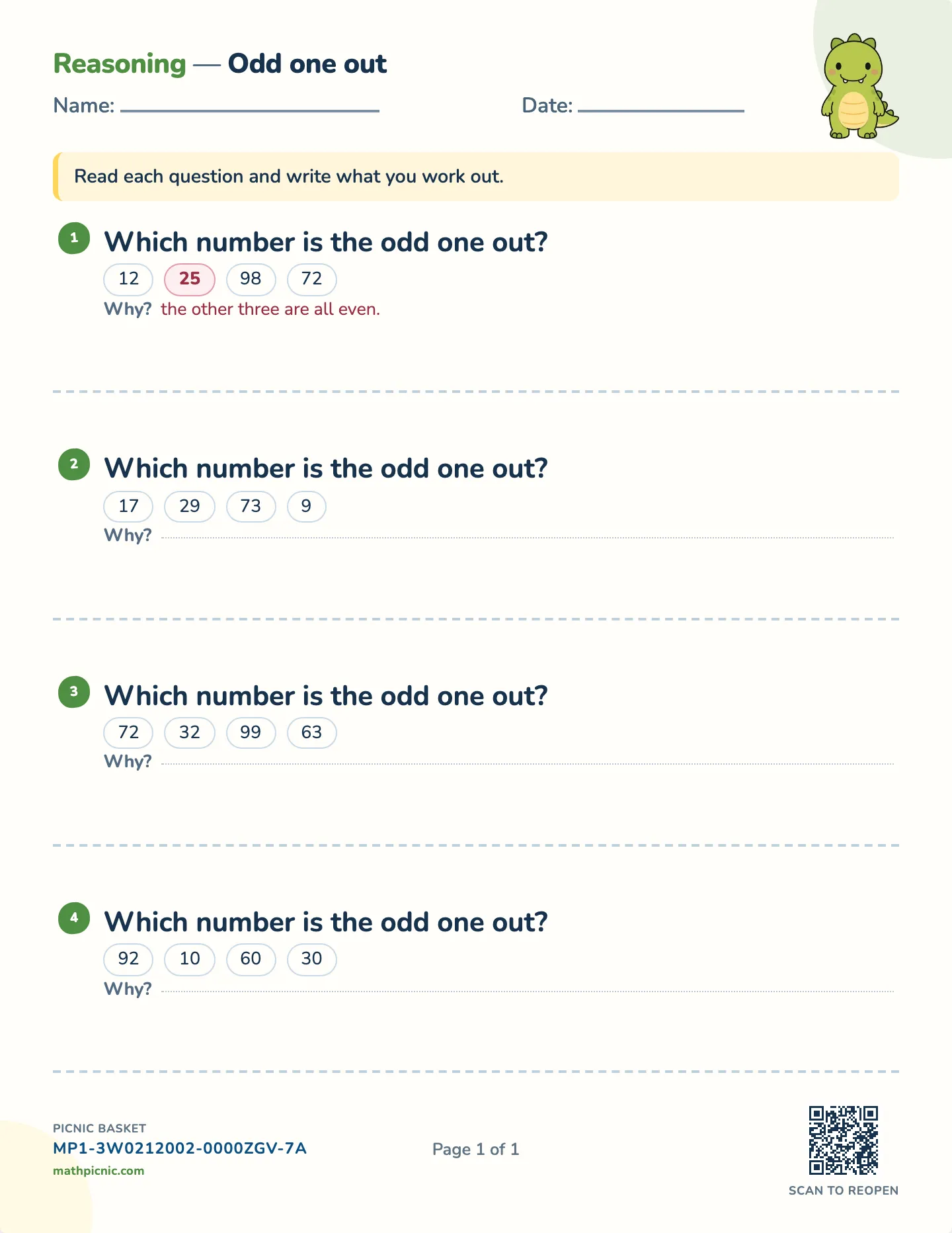 Odd one out worksheet — Four numbers, one reason, free printable with answer key