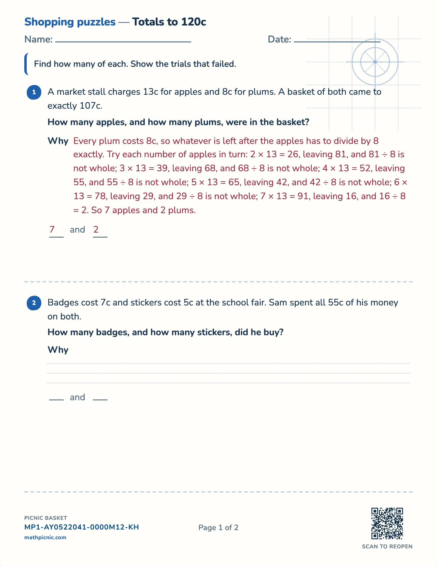 One equation, two unknowns worksheet — Challenge · totals to 80c, 120c or 160c, free printable with answer key