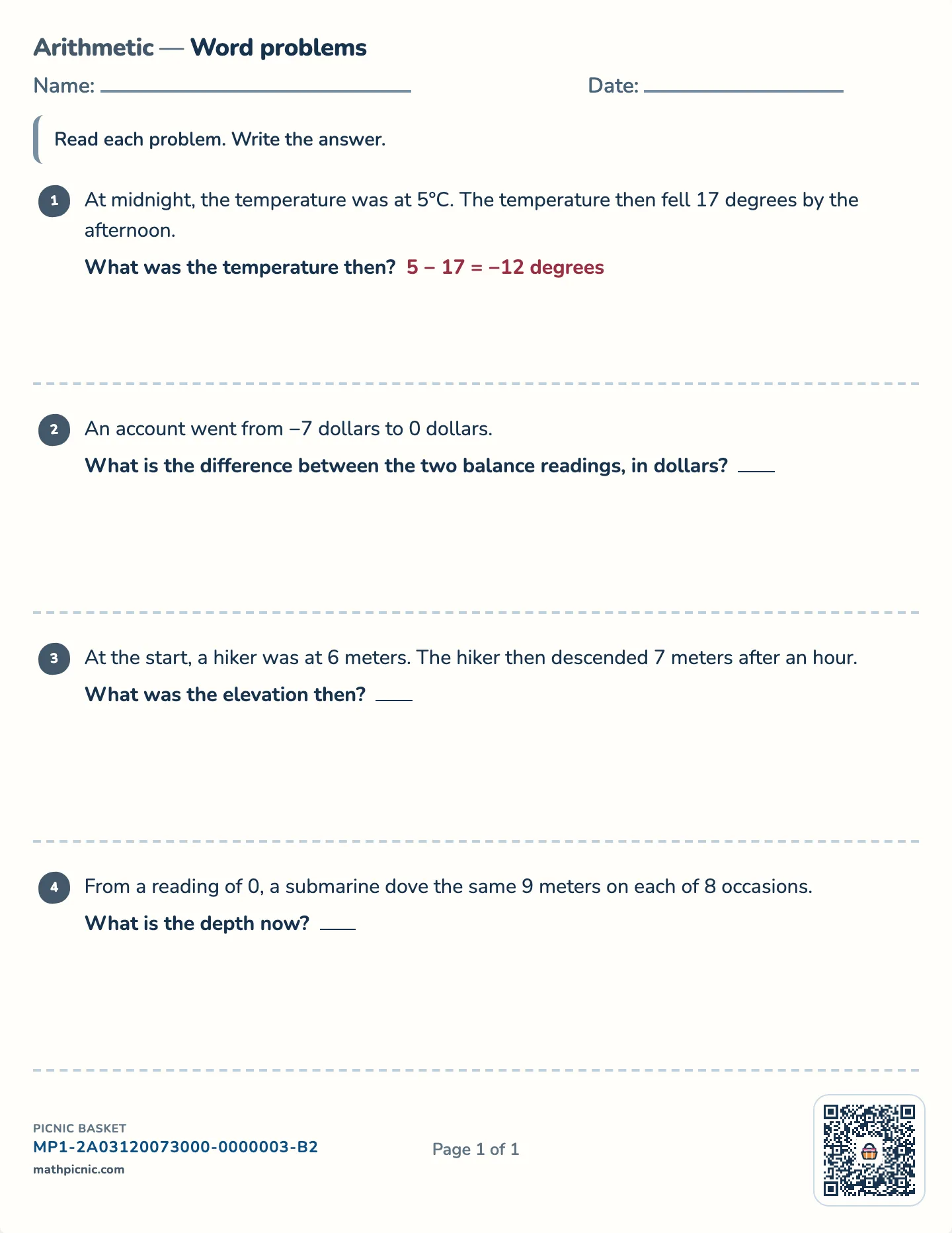 Positive and negative number word problems worksheet — Temperature, depth, balance, free printable with answer key