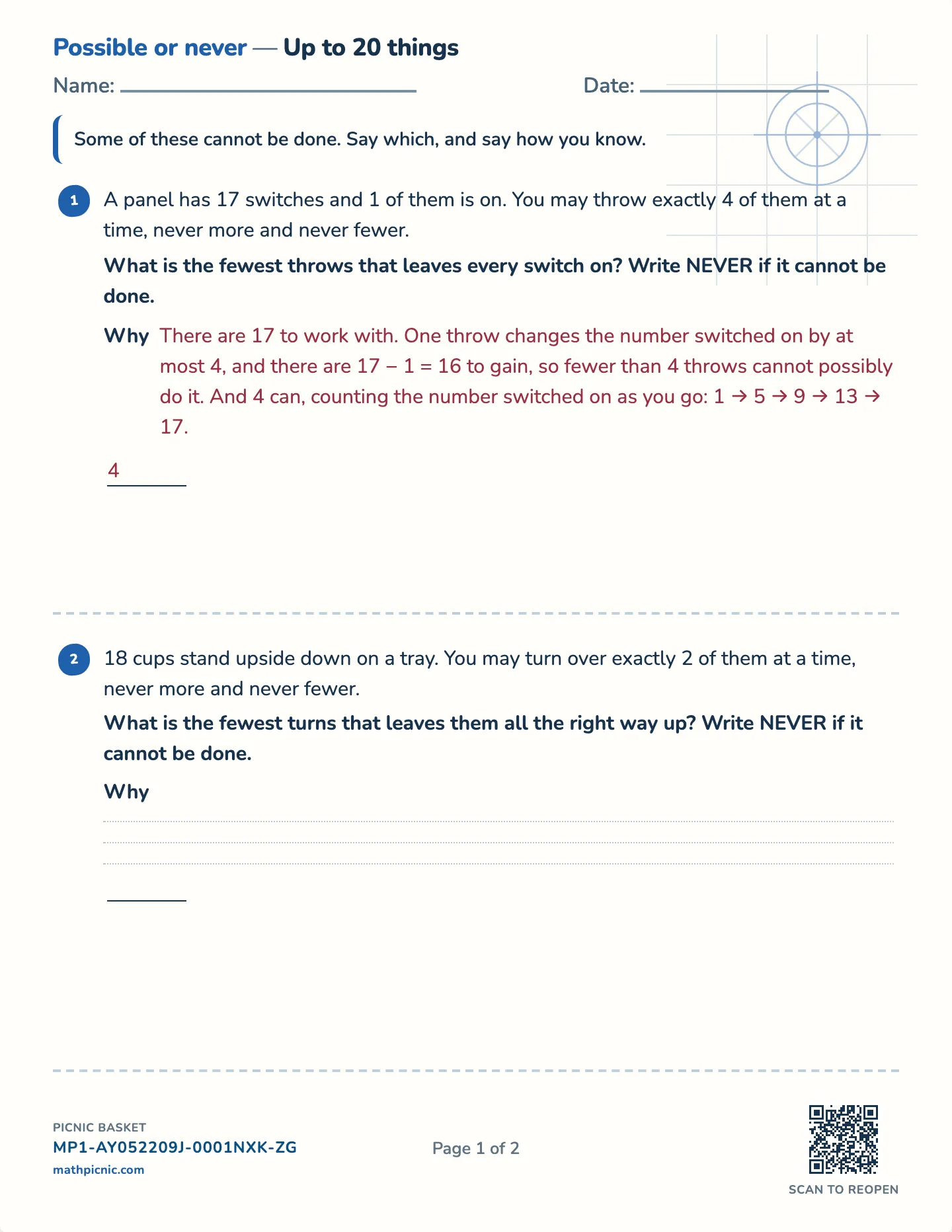 Can it be done at all? worksheet — Challenge · up to 10, 14 or 20 things, free printable with answer key