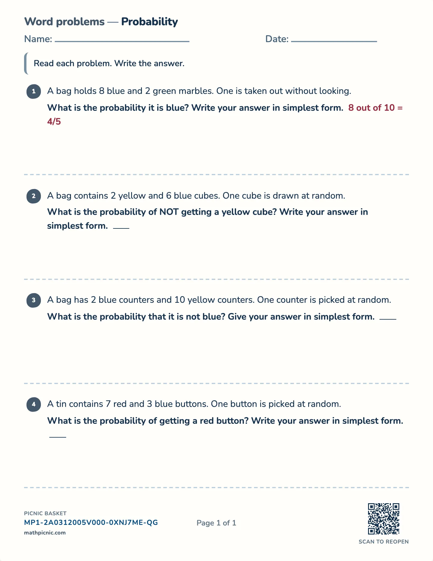 Probability word problems worksheet — P(color), P(not color), free printable with answer key